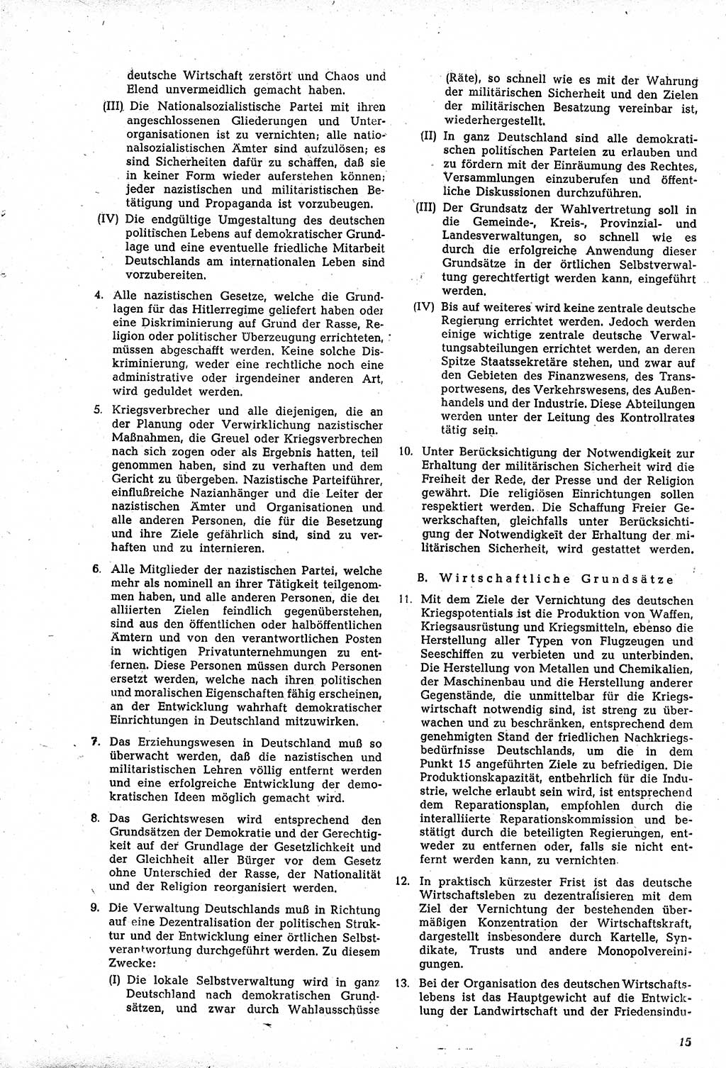 Amtsblatt des Kontrollrats (ABlKR) in Deutschland, Ergänzungsblatt Nr. 1, Sammlung von Urkunden betreffend die Errichtung der Alliierten Kontrollbehörde 1945, Seite 15 (ABlKR Dtl., Erg. Bl. 1 1945, S. 15)