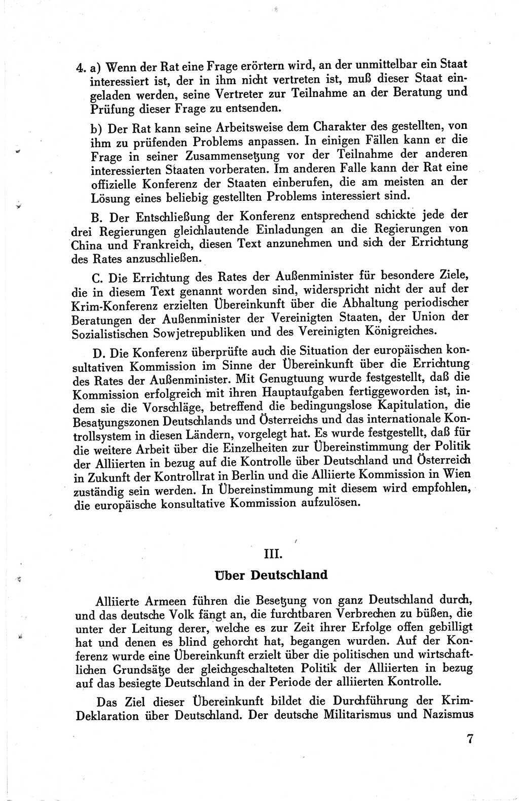 Die Berliner Konferenz der Drei Mächte - Der Alliierte Kontrollrat für Deutschland - Die Alliierte Kommandantur der Stadt Berlin, Kommuniqués, Deklarationen, Proklamationen, Gesetze, Befehle, Sammelheft 1 1945, Seite 7 (AKR Dtl., All. Kdtr. Bln., 1945, S. 7)