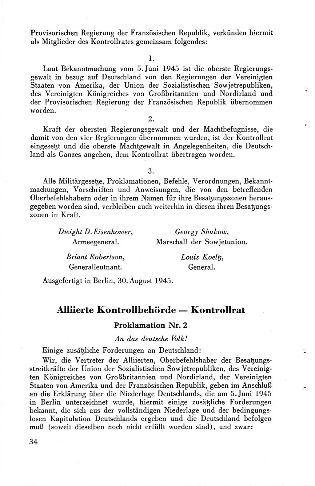 Die Berliner Konferenz der Drei Mächte - Der Alliierte Kontrollrat für Deutschland - Die Alliierte Kommandantur der Stadt Berlin, Kommuniqués, Deklarationen, Proklamationen, Gesetze, Befehle, Sammelheft 1 1945, Seite 34 (AKR Dtl., All. Kdtr. Bln., 1945, S. 34)