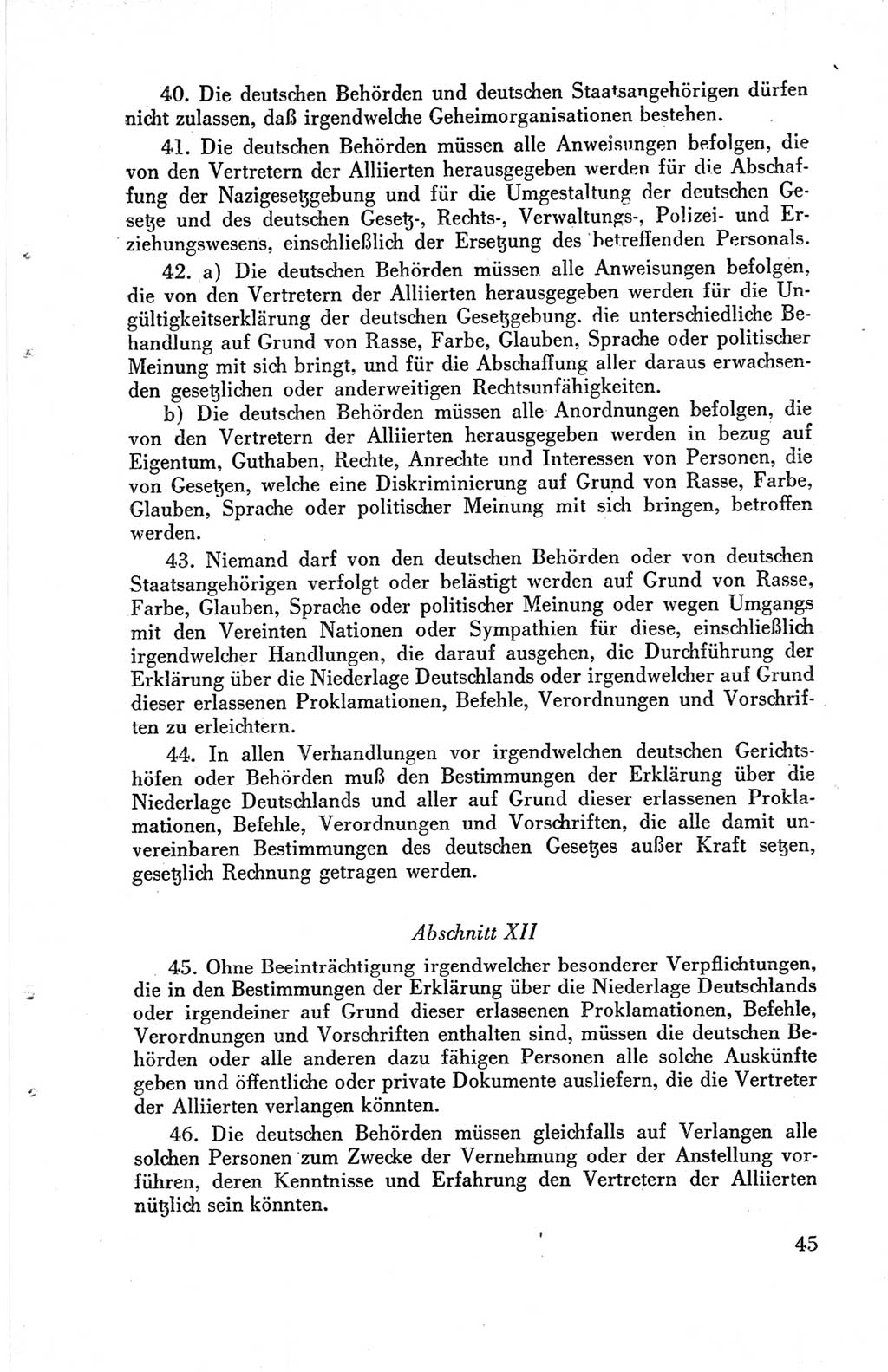 Die Berliner Konferenz der Drei Mächte - Der Alliierte Kontrollrat für Deutschland - Die Alliierte Kommandantur der Stadt Berlin, Kommuniqués, Deklarationen, Proklamationen, Gesetze, Befehle, Sammelheft 1 1945, Seite 45 (AKR Dtl., All. Kdtr. Bln., 1945, S. 45)