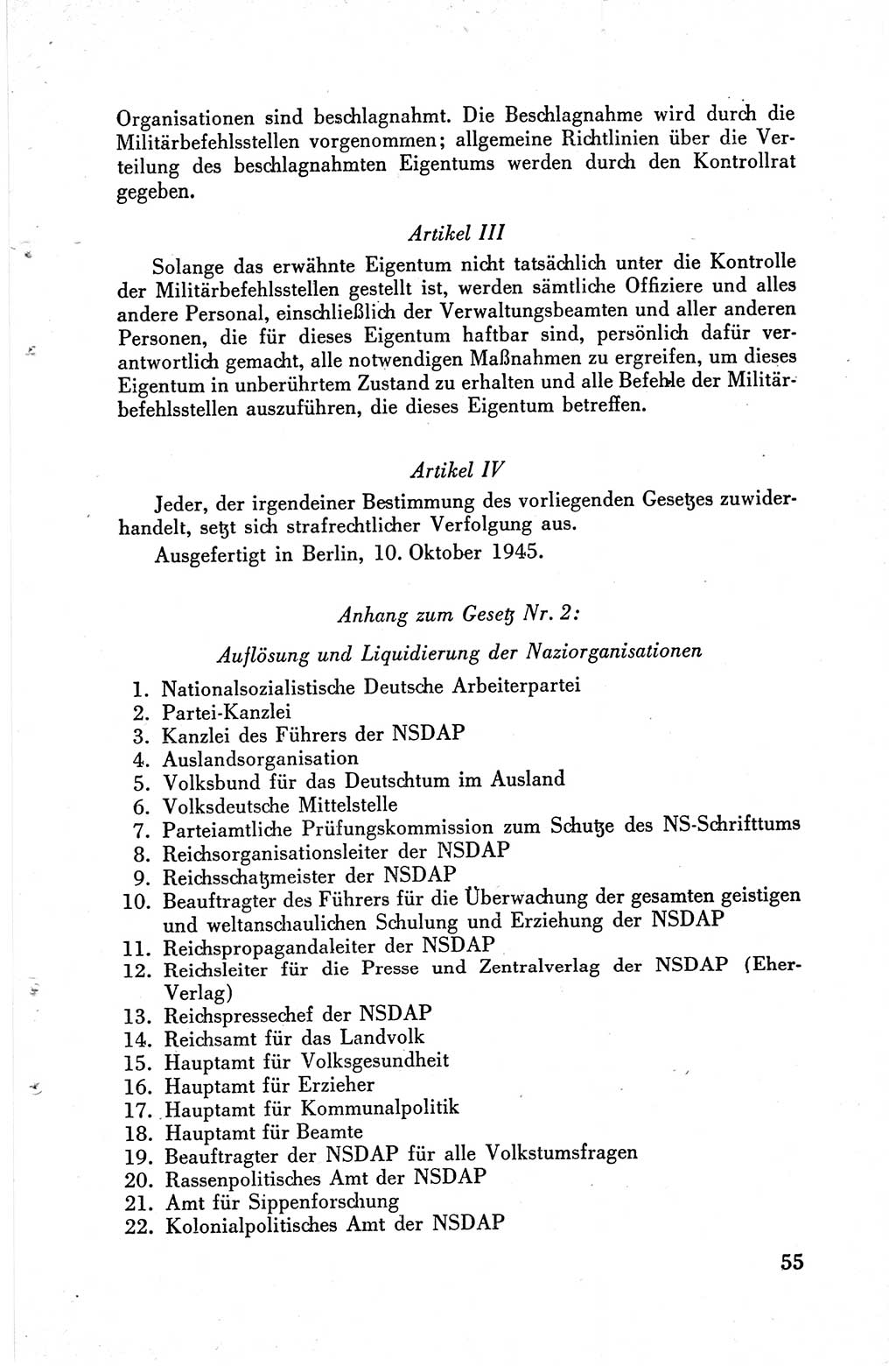 Die Berliner Konferenz der Drei Mächte - Der Alliierte Kontrollrat für Deutschland - Die Alliierte Kommandantur der Stadt Berlin, Kommuniqués, Deklarationen, Proklamationen, Gesetze, Befehle, Sammelheft 1 1945, Seite 55 (AKR Dtl., All. Kdtr. Bln., 1945, S. 55)