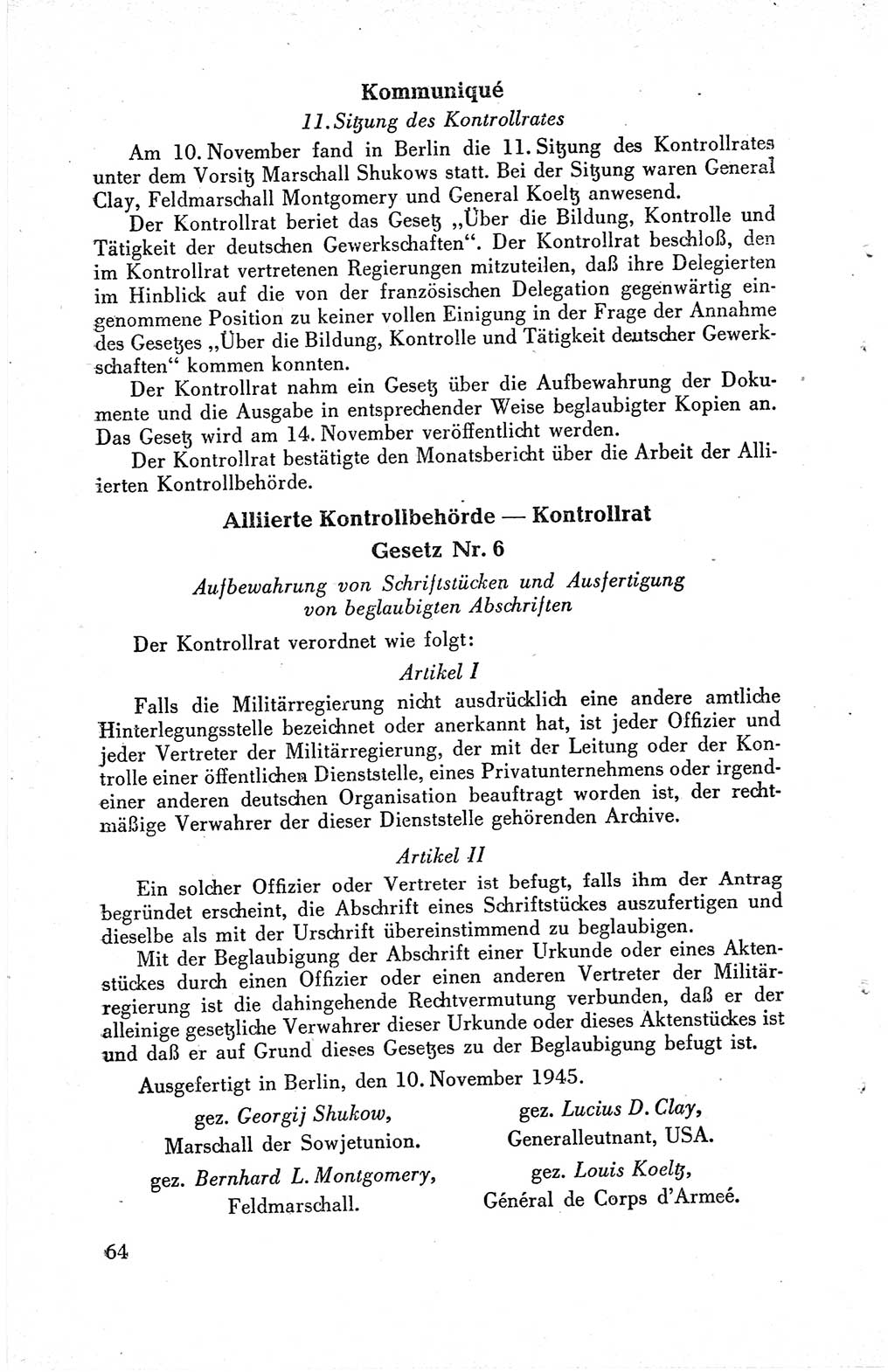 Die Berliner Konferenz der Drei Mächte - Der Alliierte Kontrollrat für Deutschland - Die Alliierte Kommandantur der Stadt Berlin, Kommuniqués, Deklarationen, Proklamationen, Gesetze, Befehle, Sammelheft 1 1945, Seite 64 (AKR Dtl., All. Kdtr. Bln., 1945, S. 64)