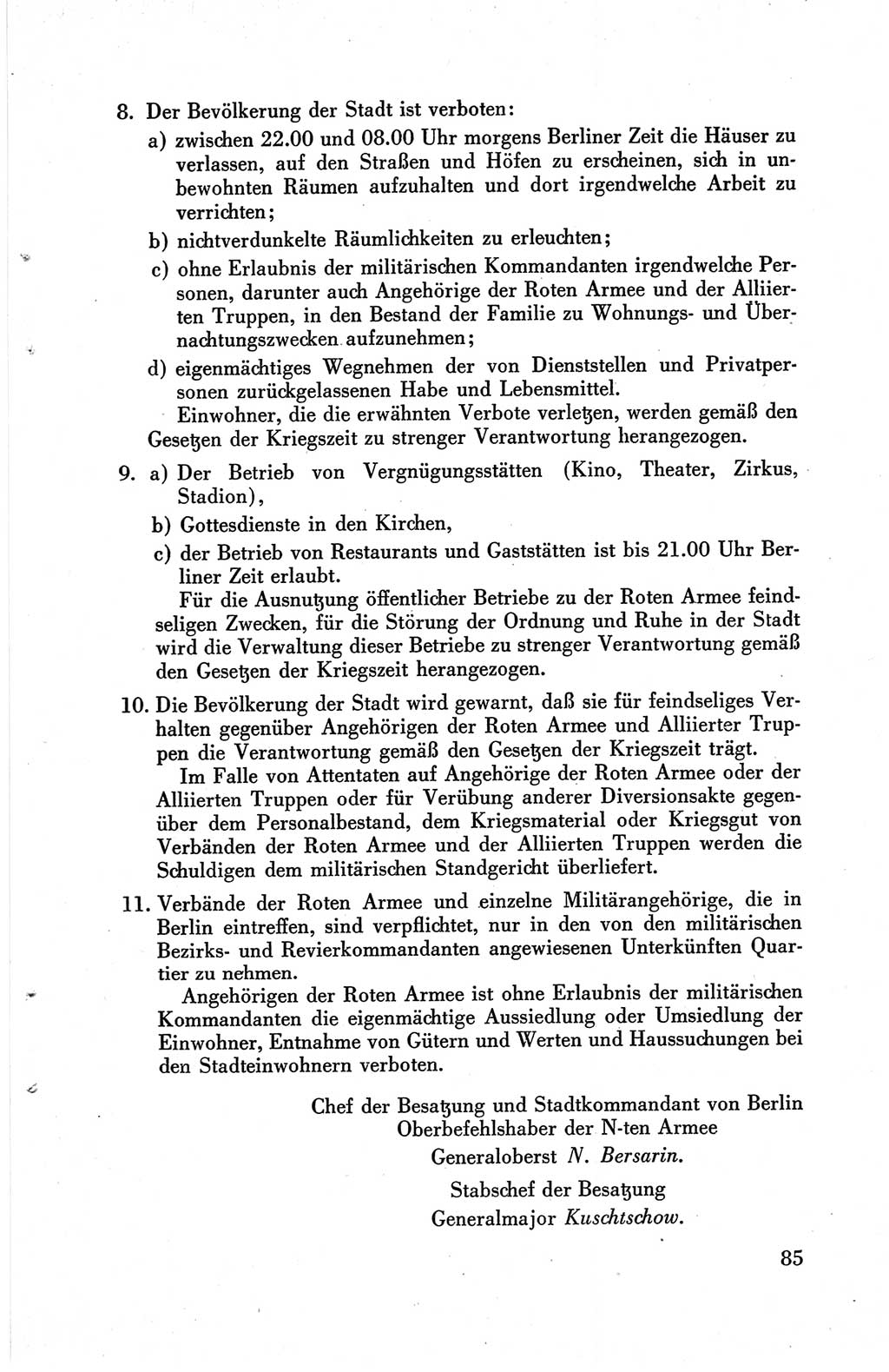 Die Berliner Konferenz der Drei Mächte - Der Alliierte Kontrollrat für Deutschland - Die Alliierte Kommandantur der Stadt Berlin, Kommuniqués, Deklarationen, Proklamationen, Gesetze, Befehle, Sammelheft 1 1945, Seite 85 (AKR Dtl., All. Kdtr. Bln., 1945, S. 85)