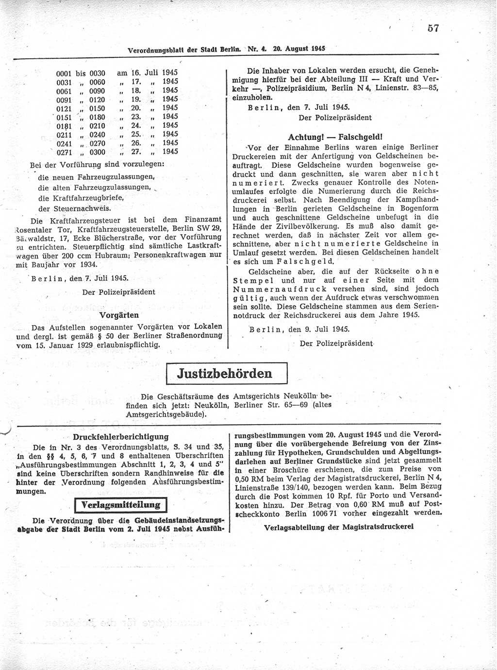 Verordnungsblatt (VOBl.) der Stadt Berlin 1945, Seite 57 (VOBl. Bln. 1945, S. 57)