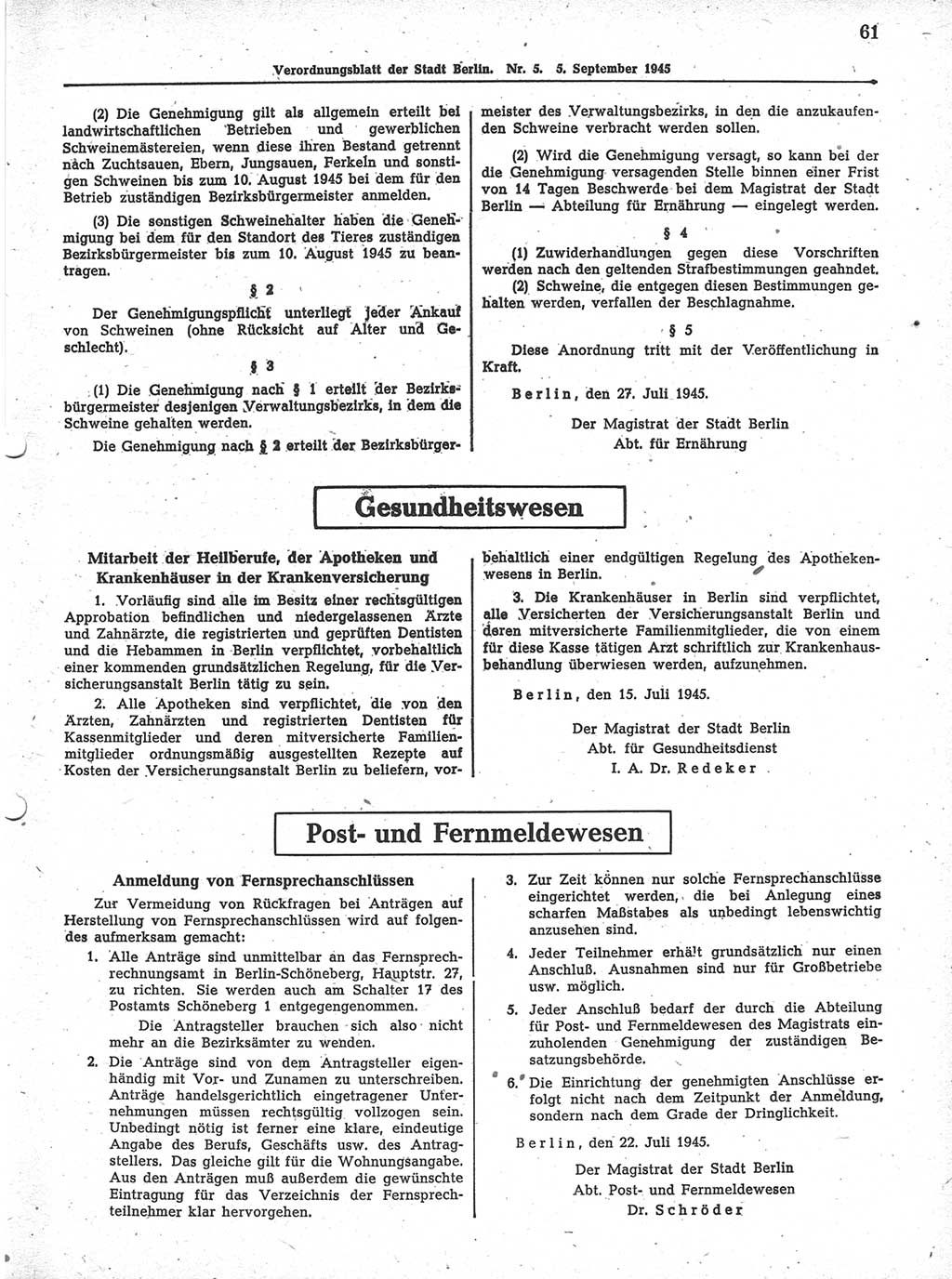 Verordnungsblatt (VOBl.) der Stadt Berlin 1945, Seite 61 (VOBl. Bln. 1945, S. 61)