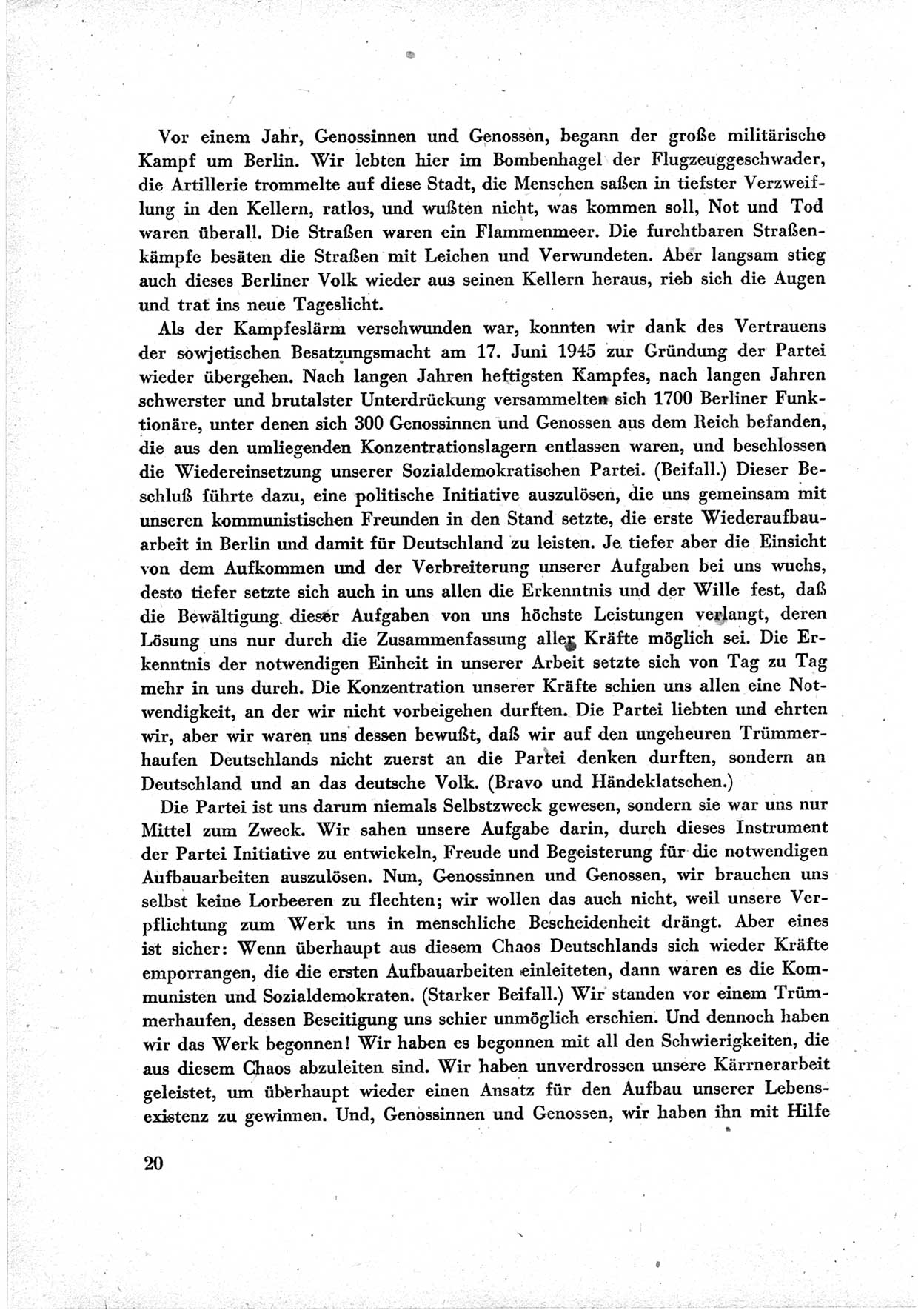 40. Parteitag der Sozialdemokratischen Partei Deutschlands (SPD) [Sowjetische Besatzungszone (SBZ) Deutschlands] am 19. und 20. April 1946 in Berlin, Seite 20 (40. PT SPD SBZ Dtl. 1946, S. 20)