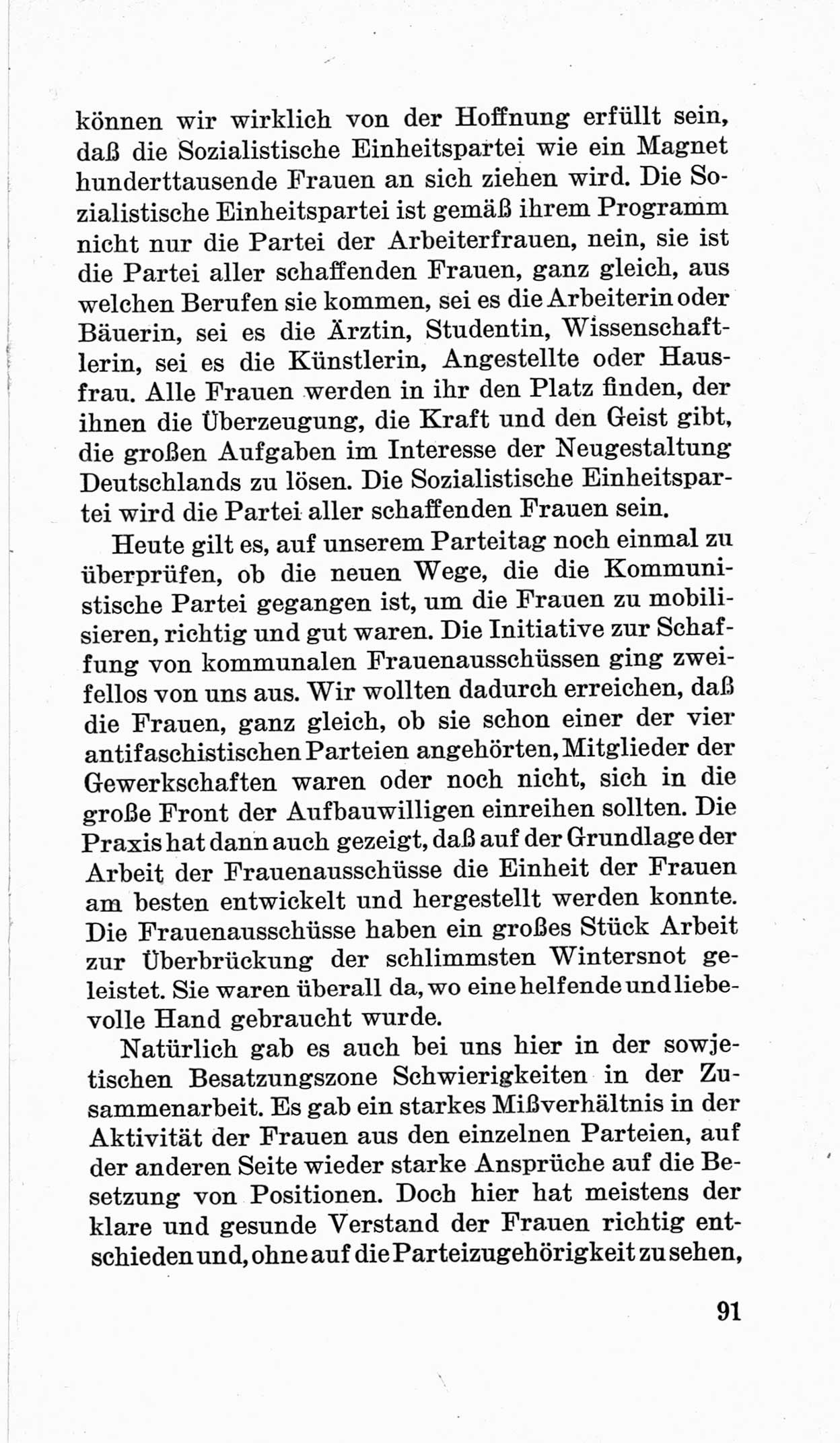 Bericht über die Verhandlungen des 15. Parteitages der Kommunistischen Partei Deutschlands (KPD) [Sowjetische Besatzungszone (SBZ) Deutschlands] am 19. und 20. April 1946 in Berlin, Seite 91 (Ber. Verh. 15. PT KPD SBZ Dtl. 1946, S. 91)