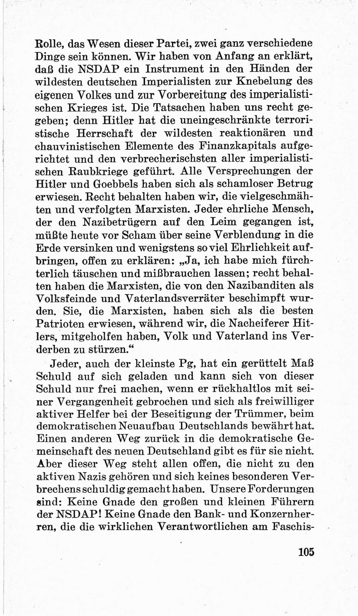 Bericht über die Verhandlungen des 15. Parteitages der Kommunistischen Partei Deutschlands (KPD) [Sowjetische Besatzungszone (SBZ) Deutschlands] am 19. und 20. April 1946 in Berlin, Seite 105 (Ber. Verh. 15. PT KPD SBZ Dtl. 1946, S. 105)