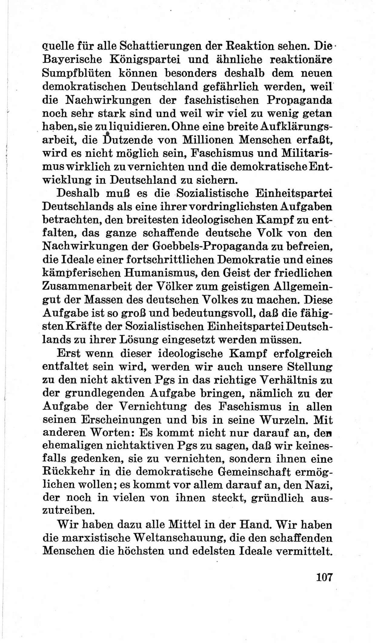 Bericht über die Verhandlungen des 15. Parteitages der Kommunistischen Partei Deutschlands (KPD) [Sowjetische Besatzungszone (SBZ) Deutschlands] am 19. und 20. April 1946 in Berlin, Seite 107 (Ber. Verh. 15. PT KPD SBZ Dtl. 1946, S. 107)