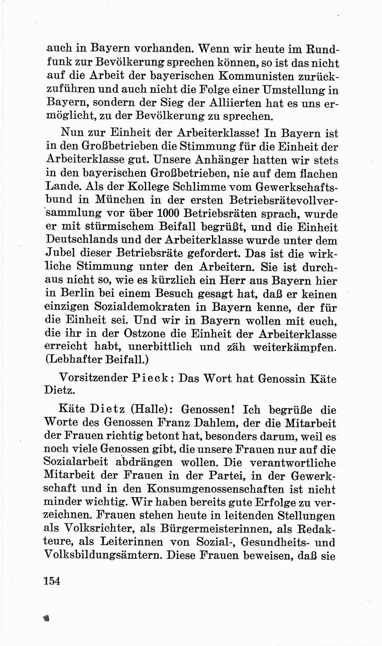 Bericht über die Verhandlungen des 15. Parteitages der Kommunistischen Partei Deutschlands (KPD) [Sowjetische Besatzungszone (SBZ) Deutschlands] am 19. und 20. April 1946 in Berlin, Seite 154 (Ber. Verh. 15. PT KPD SBZ Dtl. 1946, S. 154)