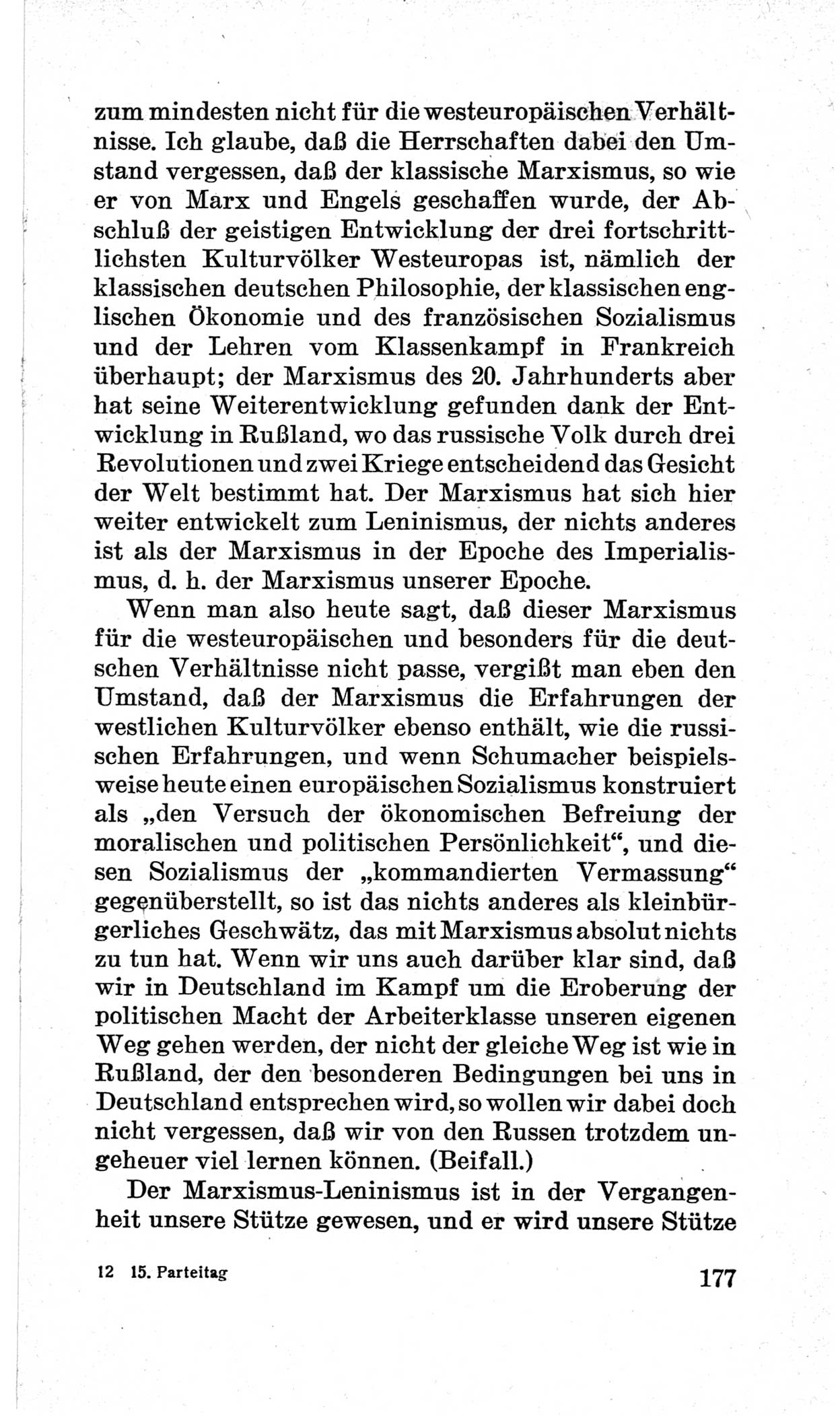 Bericht über die Verhandlungen des 15. Parteitages der Kommunistischen Partei Deutschlands (KPD) [Sowjetische Besatzungszone (SBZ) Deutschlands] am 19. und 20. April 1946 in Berlin, Seite 177 (Ber. Verh. 15. PT KPD SBZ Dtl. 1946, S. 177)