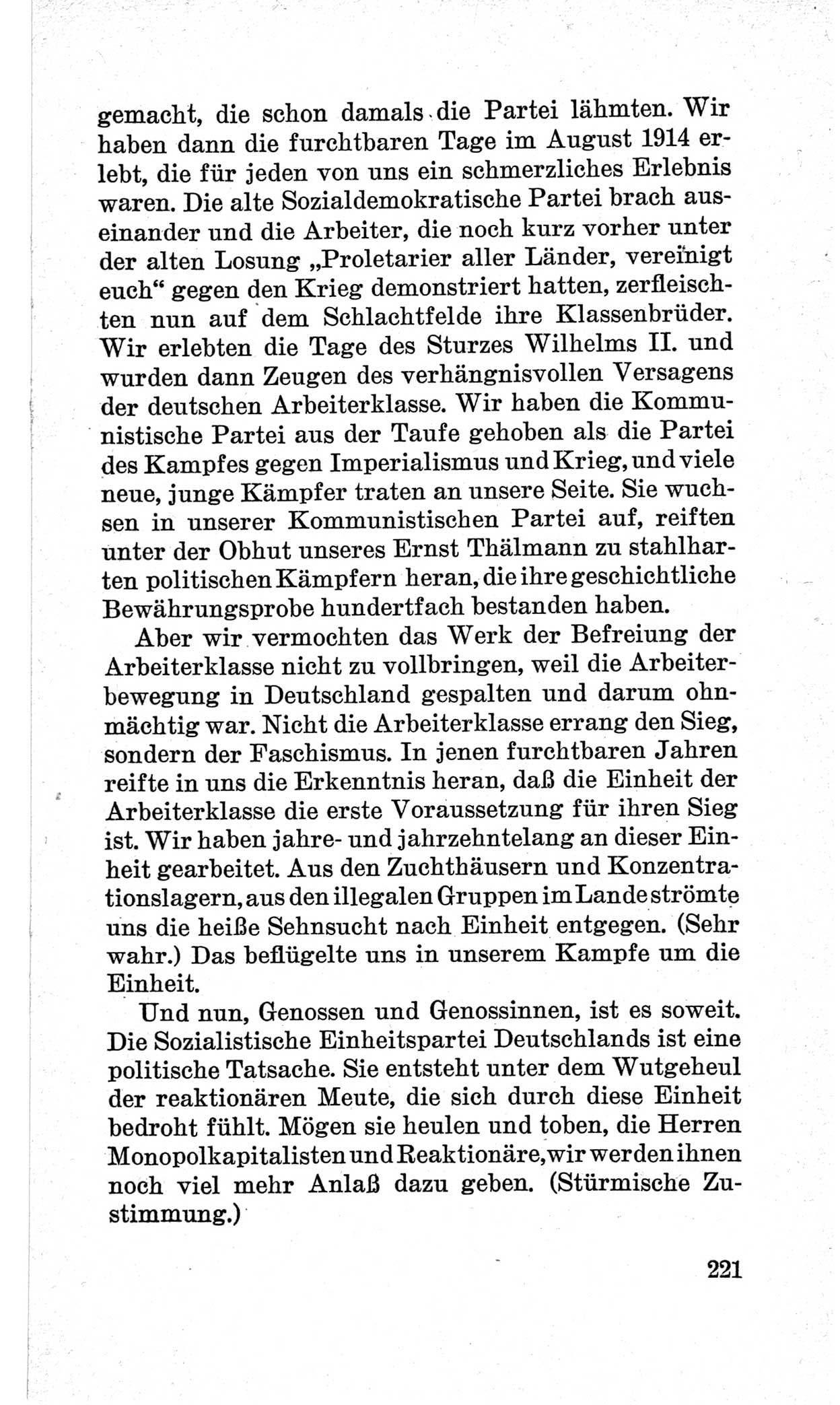 Bericht über die Verhandlungen des 15. Parteitages der Kommunistischen Partei Deutschlands (KPD) [Sowjetische Besatzungszone (SBZ) Deutschlands] am 19. und 20. April 1946 in Berlin, Seite 221 (Ber. Verh. 15. PT KPD SBZ Dtl. 1946, S. 221)