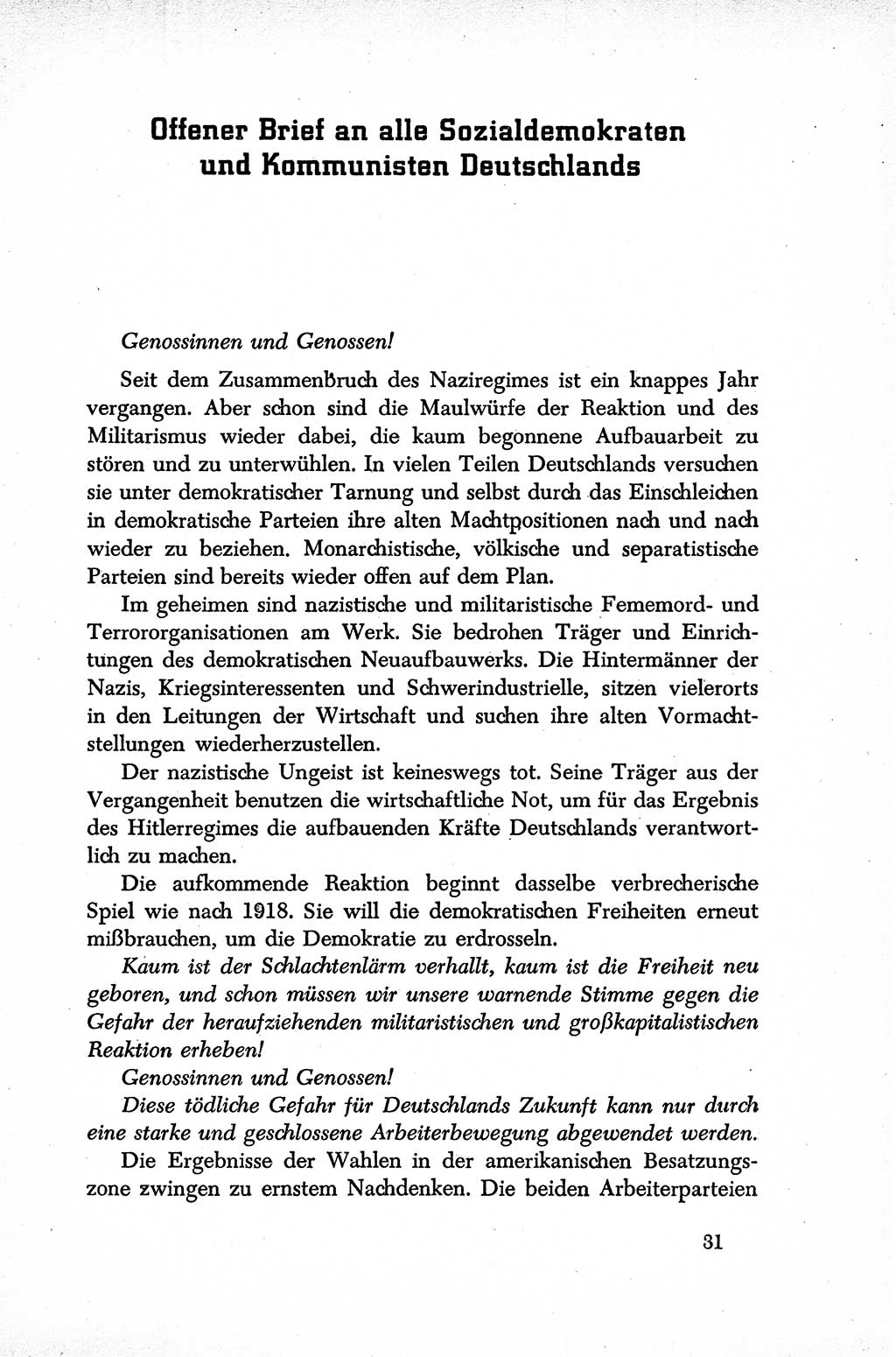 Dokumente der Sozialistischen Einheitspartei Deutschlands (SED) [Sowjetische Besatzungszone (SBZ) Deutschlands] 1946-1948, Seite 31 (Dok. SED SBZ Dtl. 1946-1948, S. 31)