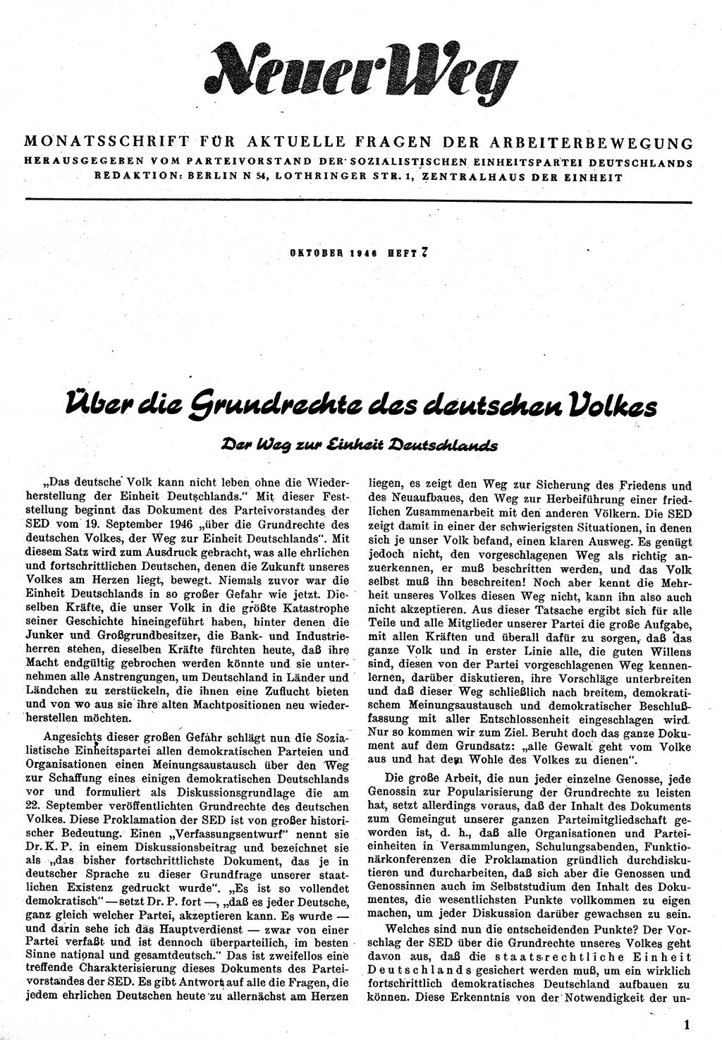 Neuer Weg (NW), Monatsschrift für aktuelle Fragen der Arbeiterbewegung [Zentralkomitee (ZK) Kommunistische Partei Deutschlands (KPD), Sozialistische Einheitspartei Deutschlands (SED)], 1. Jahrgang [Sowjetische Besatzungszone (SBZ) Deutschlands] 1946, Heft 7/1 (NW ZK KPD SED SBZ Dtl. 1946, H. 7/1)