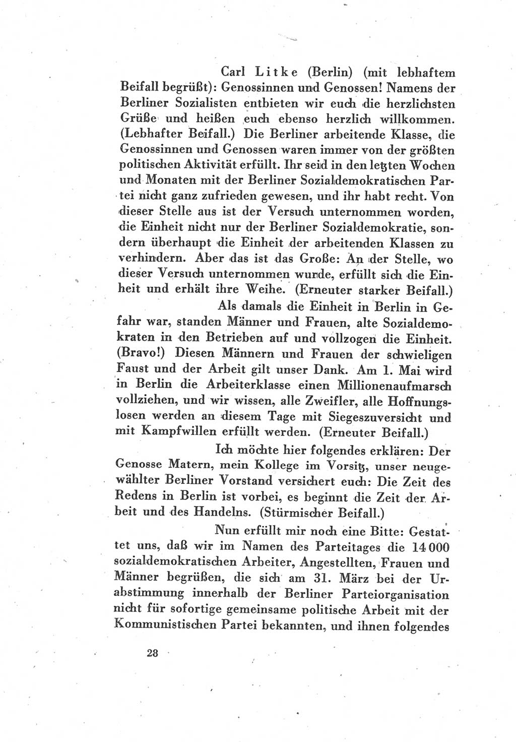 Protokoll des Vereinigungsparteitages der Sozialdemokratischen Partei Deutschlands (SPD) und der Kommunistischen Partei Deutschlands (KPD) [Sowjetische Besatzungszone (SBZ) Deutschlands] 1946, Seite 28 (Prot. VPT SPD KPD SBZ Dtl. 1946, S. 28)