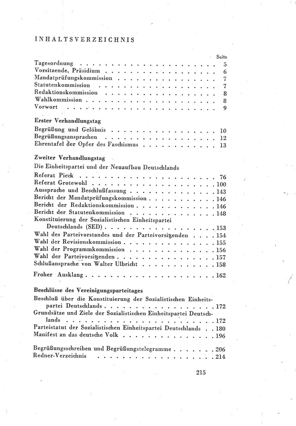 Protokoll des Vereinigungsparteitages der Sozialdemokratischen Partei Deutschlands (SPD) und der Kommunistischen Partei Deutschlands (KPD) [Sowjetische Besatzungszone (SBZ) Deutschlands] 1946, Seite 215 (Prot. VPT SPD KPD SBZ Dtl. 1946, S. 215)