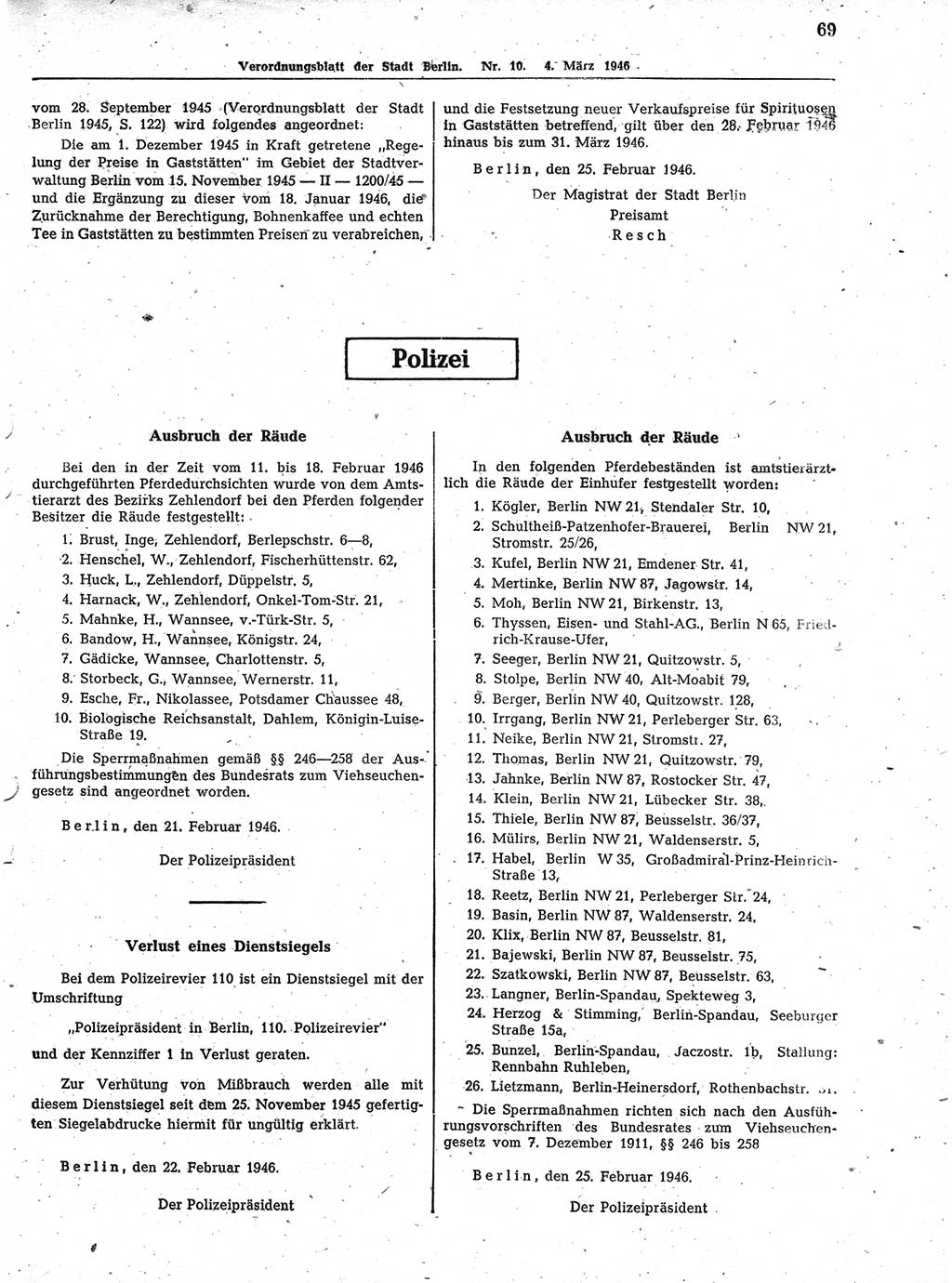 Verordnungsblatt (VOBl.) der Stadt Berlin, für Groß-Berlin 1946, Seite 69 (VOBl. Bln. 1946, S. 69)
