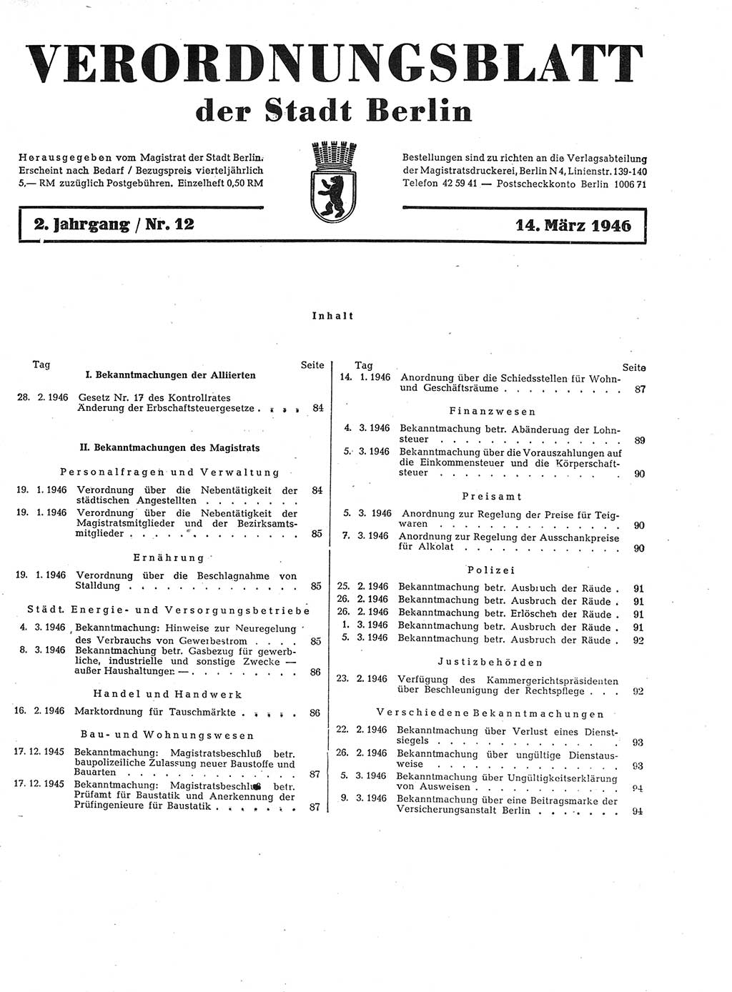 Verordnungsblatt (VOBl.) der Stadt Berlin, für Groß-Berlin 1946, Seite 83 (VOBl. Bln. 1946, S. 83)