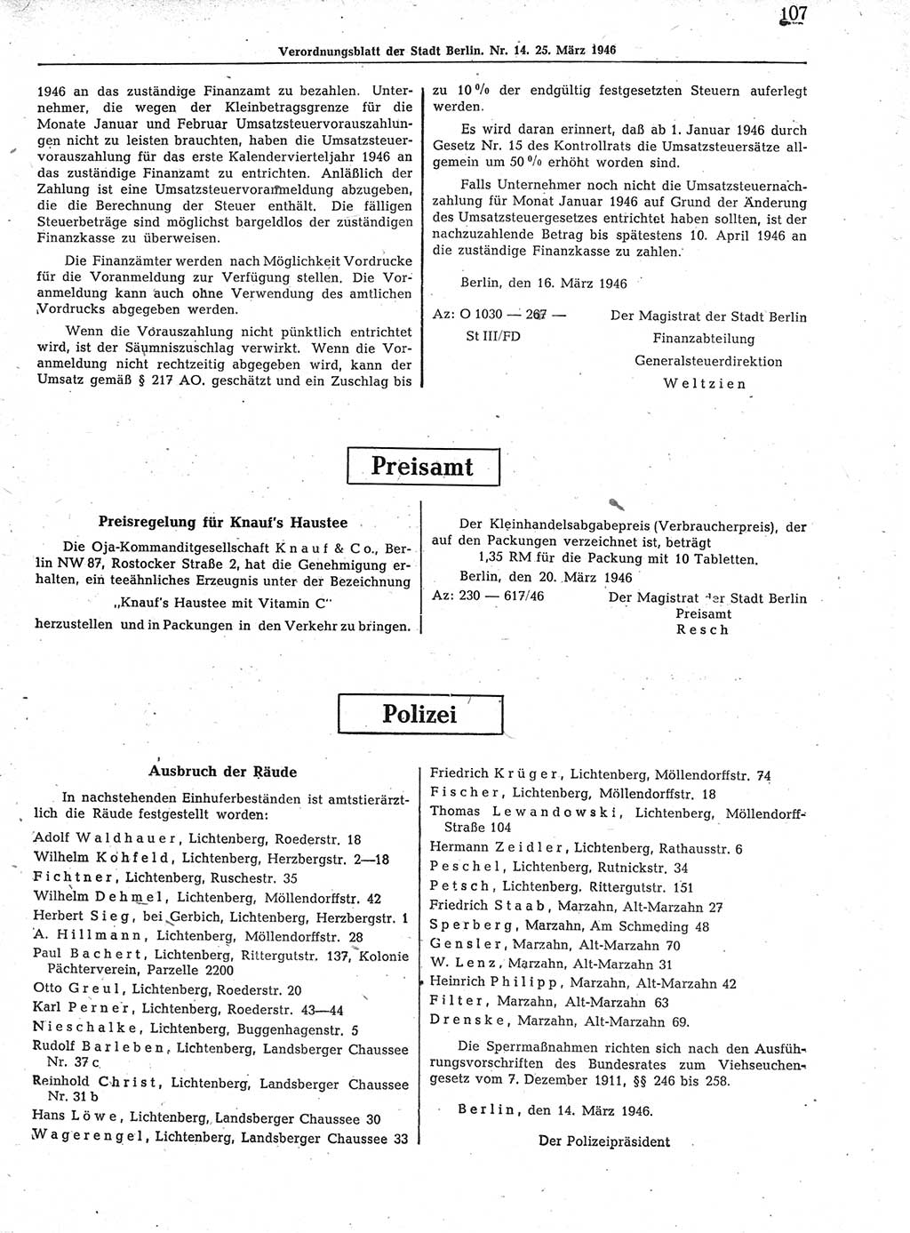 Verordnungsblatt (VOBl.) der Stadt Berlin, für Groß-Berlin 1946, Seite 107 (VOBl. Bln. 1946, S. 107)