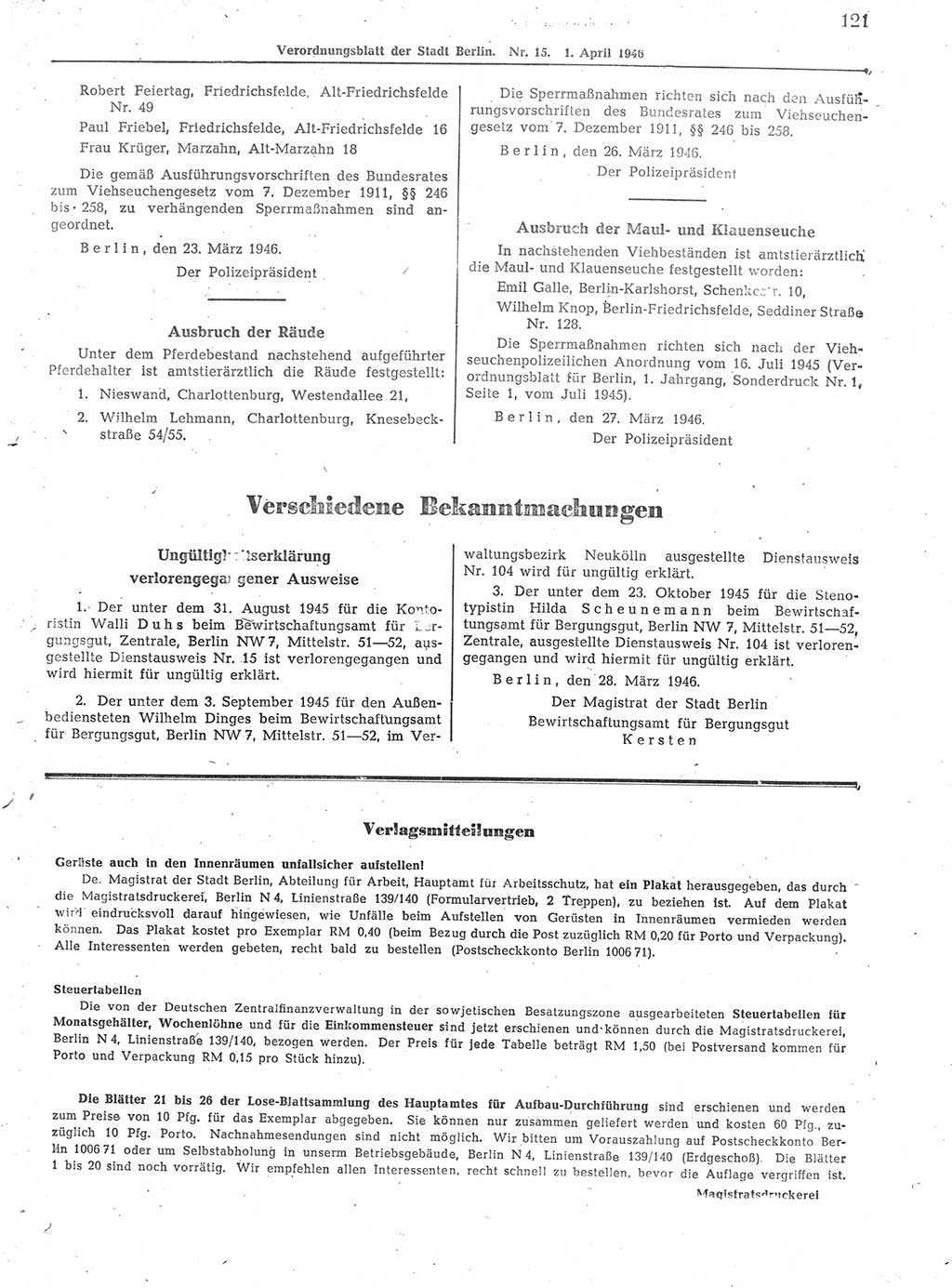 Verordnungsblatt (VOBl.) der Stadt Berlin, für Groß-Berlin 1946, Seite 121 (VOBl. Bln. 1946, S. 121)
