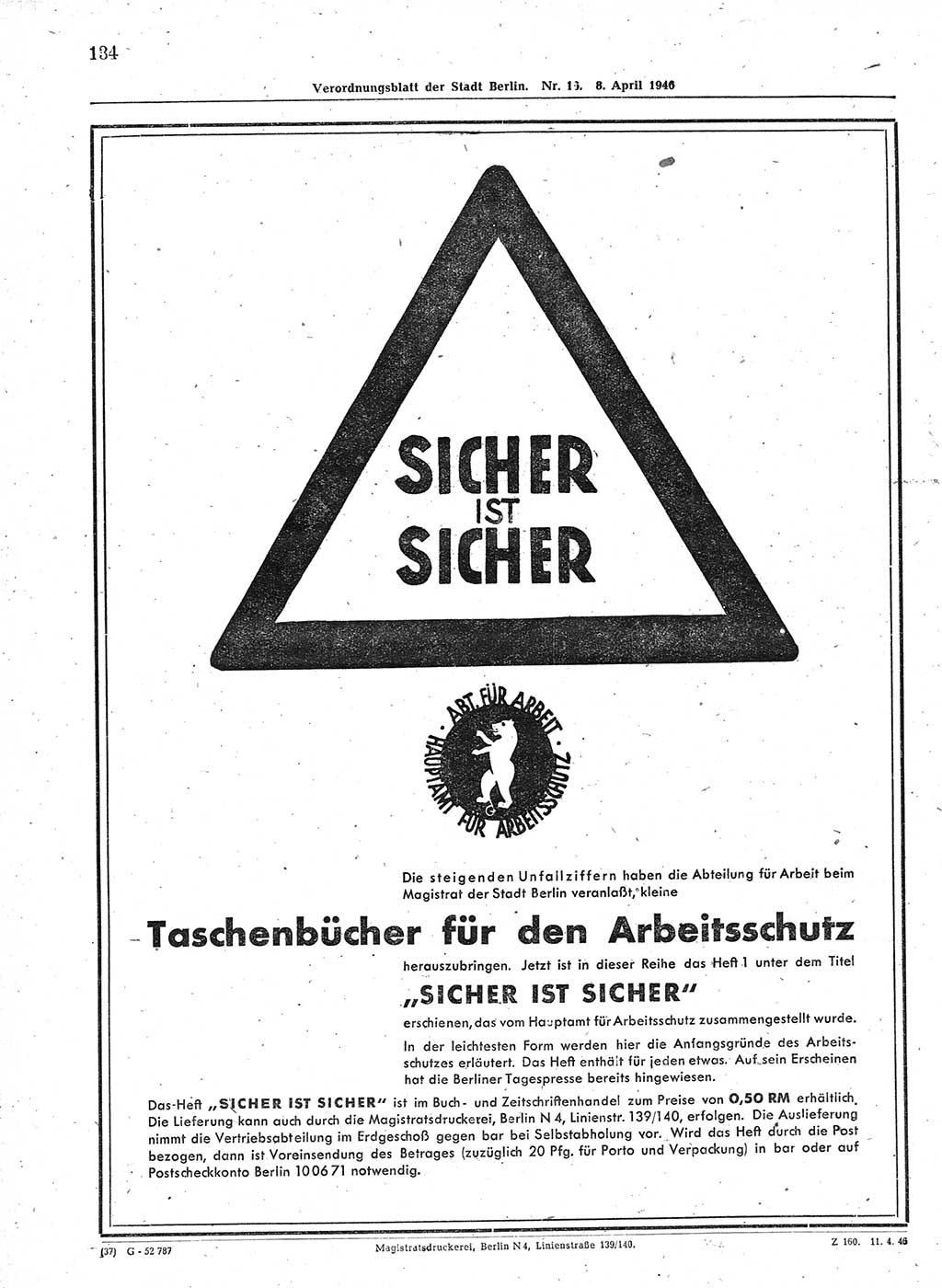 Verordnungsblatt (VOBl.) der Stadt Berlin, für Groß-Berlin 1946, Seite 134 (VOBl. Bln. 1946, S. 134)