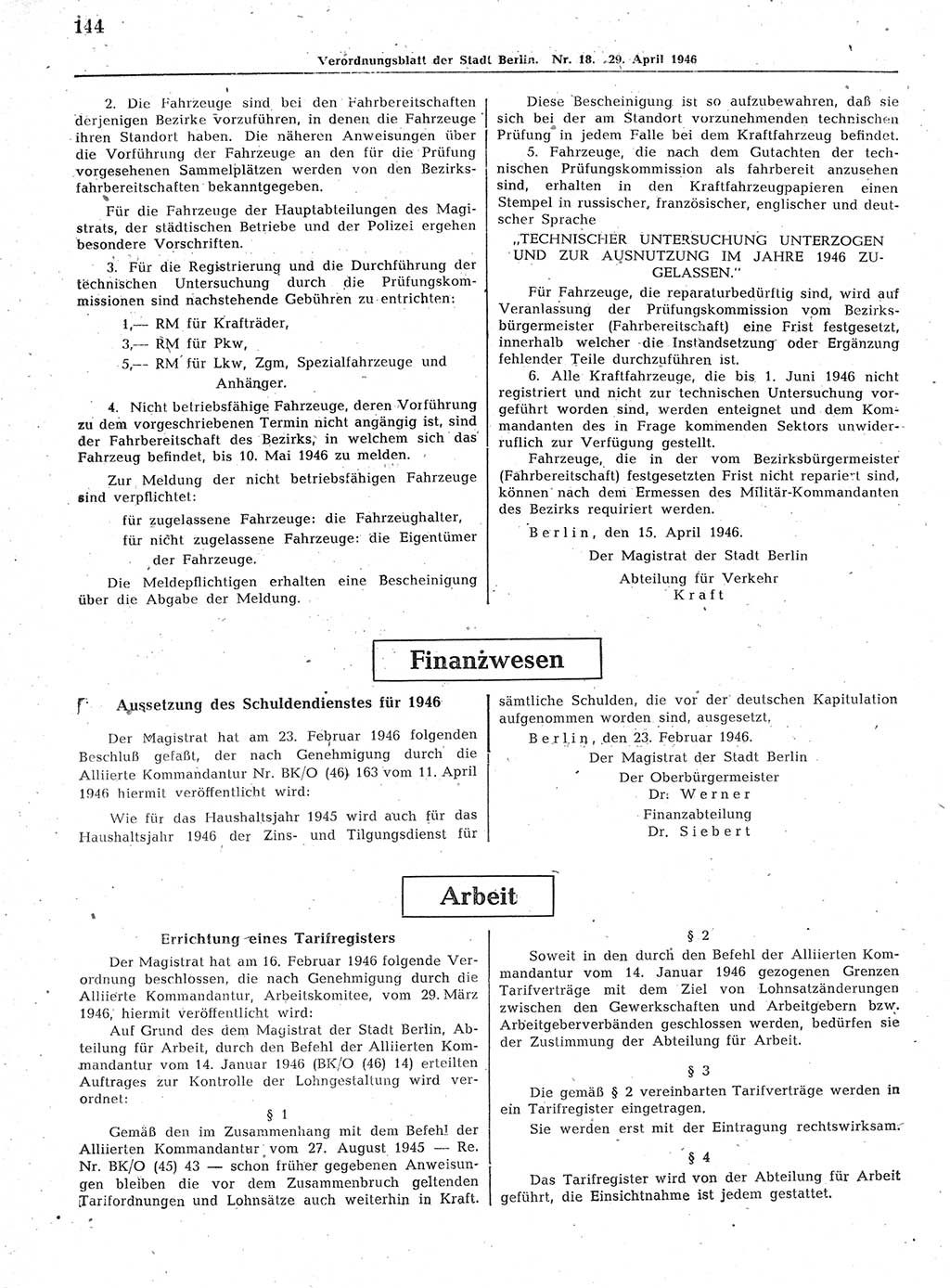 Verordnungsblatt (VOBl.) der Stadt Berlin, für Groß-Berlin 1946, Seite 144 (VOBl. Bln. 1946, S. 144)