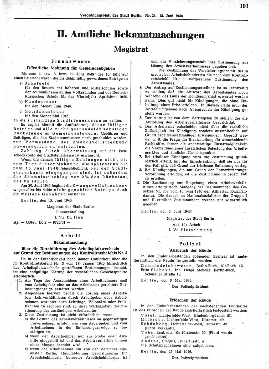 Verordnungsblatt (VOBl.) der Stadt Berlin, für Groß-Berlin 1946, Seite 191 (VOBl. Bln. 1946, S. 191)