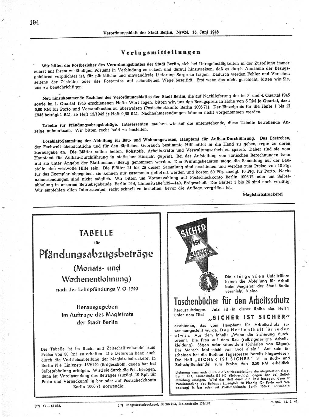 Verordnungsblatt (VOBl.) der Stadt Berlin, für Groß-Berlin 1946, Seite 194 (VOBl. Bln. 1946, S. 194)