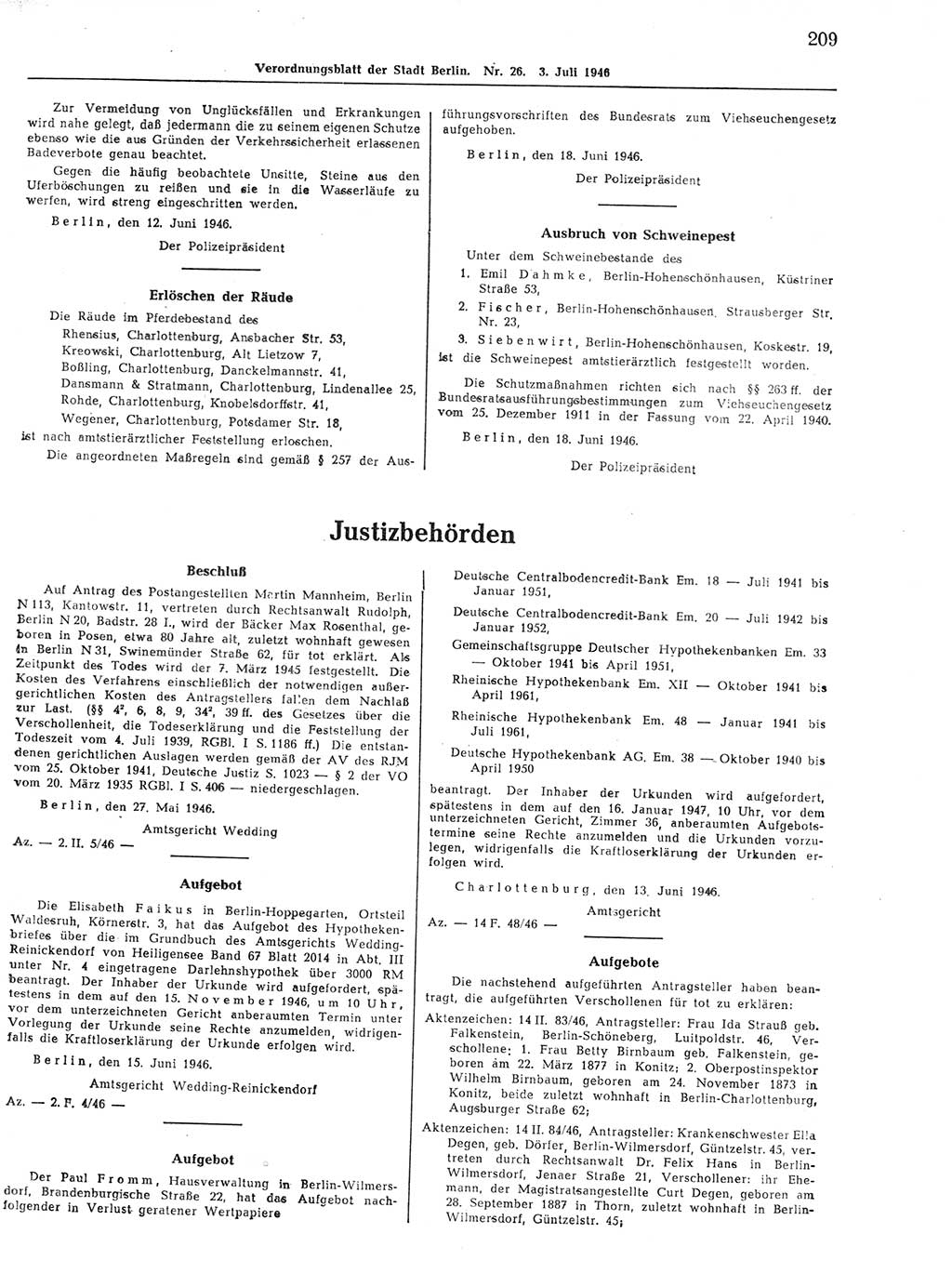 Verordnungsblatt (VOBl.) der Stadt Berlin, für Groß-Berlin 1946, Seite 209 (VOBl. Bln. 1946, S. 209)