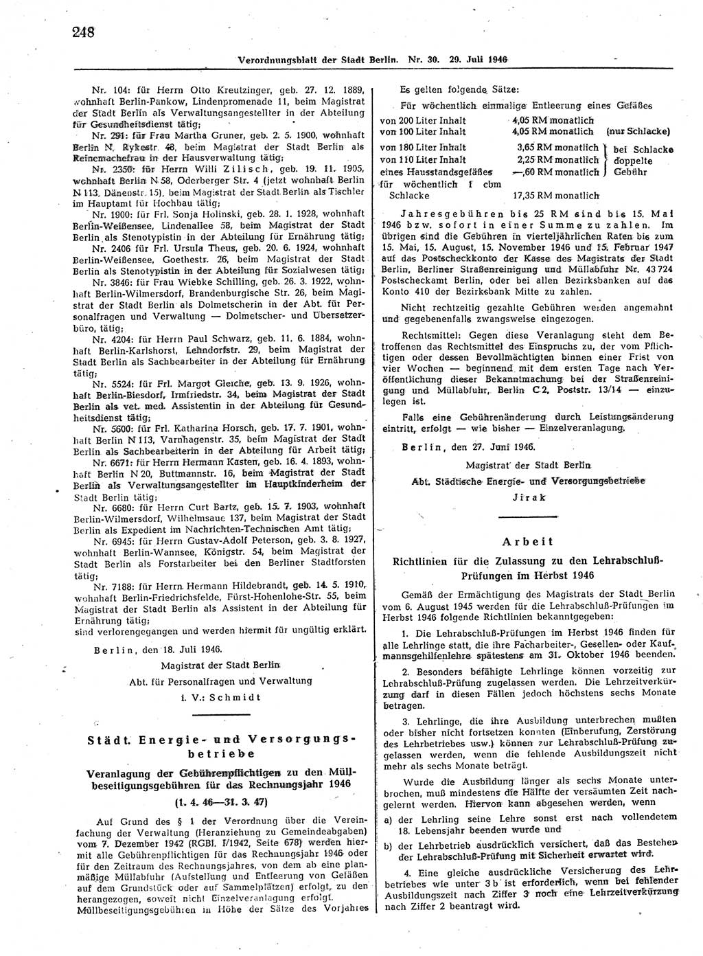 Verordnungsblatt (VOBl.) der Stadt Berlin, für Groß-Berlin 1946, Seite 248 (VOBl. Bln. 1946, S. 248)