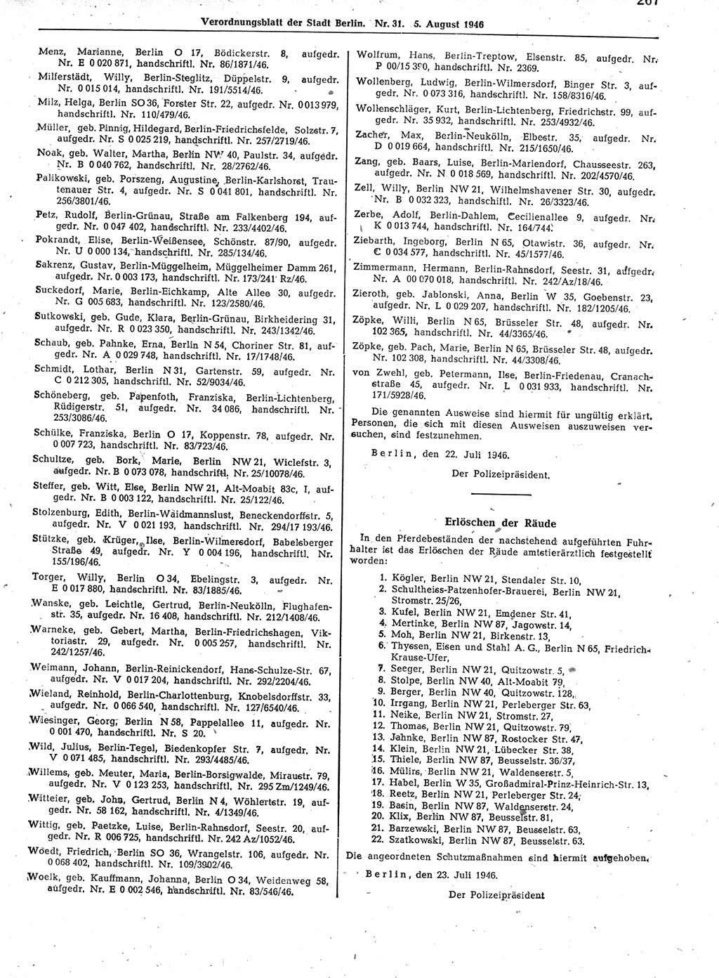 Verordnungsblatt (VOBl.) der Stadt Berlin, für Groß-Berlin 1946, Seite 267 (VOBl. Bln. 1946, S. 267)