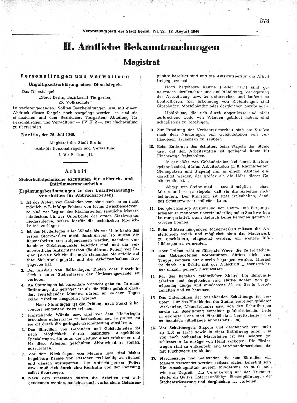 Verordnungsblatt (VOBl.) der Stadt Berlin, für Groß-Berlin 1946, Seite 273 (VOBl. Bln. 1946, S. 273)
