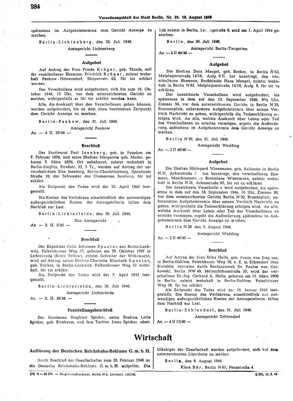 Verordnungsblatt (VOBl.) der Stadt Berlin, für Groß-Berlin 1946, Seite 284 (VOBl. Bln. 1946, S. 284)