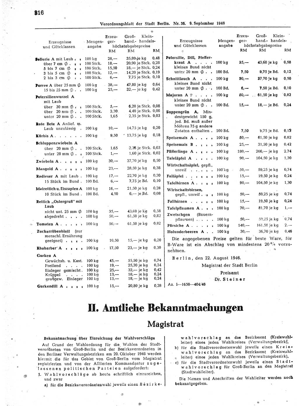 Verordnungsblatt (VOBl.) der Stadt Berlin, für Groß-Berlin 1946, Seite 316 (VOBl. Bln. 1946, S. 316)