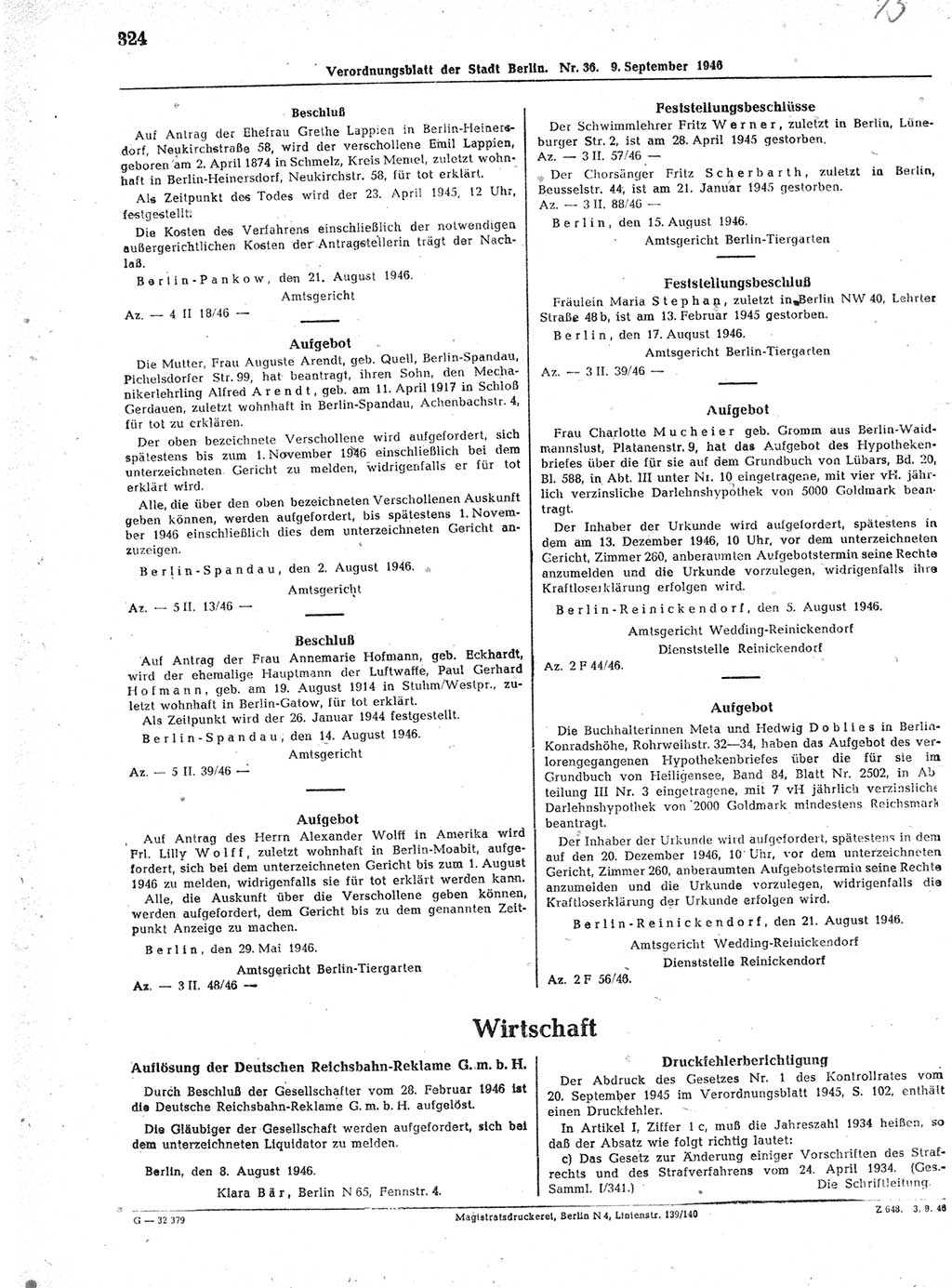 Verordnungsblatt (VOBl.) der Stadt Berlin, für Groß-Berlin 1946, Seite 324 (VOBl. Bln. 1946, S. 324)
