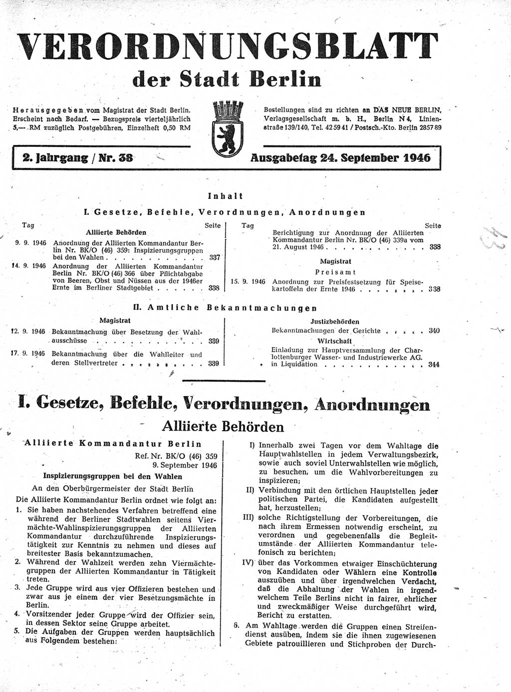 Verordnungsblatt (VOBl.) der Stadt Berlin, für Groß-Berlin 1946, Seite 337 (VOBl. Bln. 1946, S. 337)