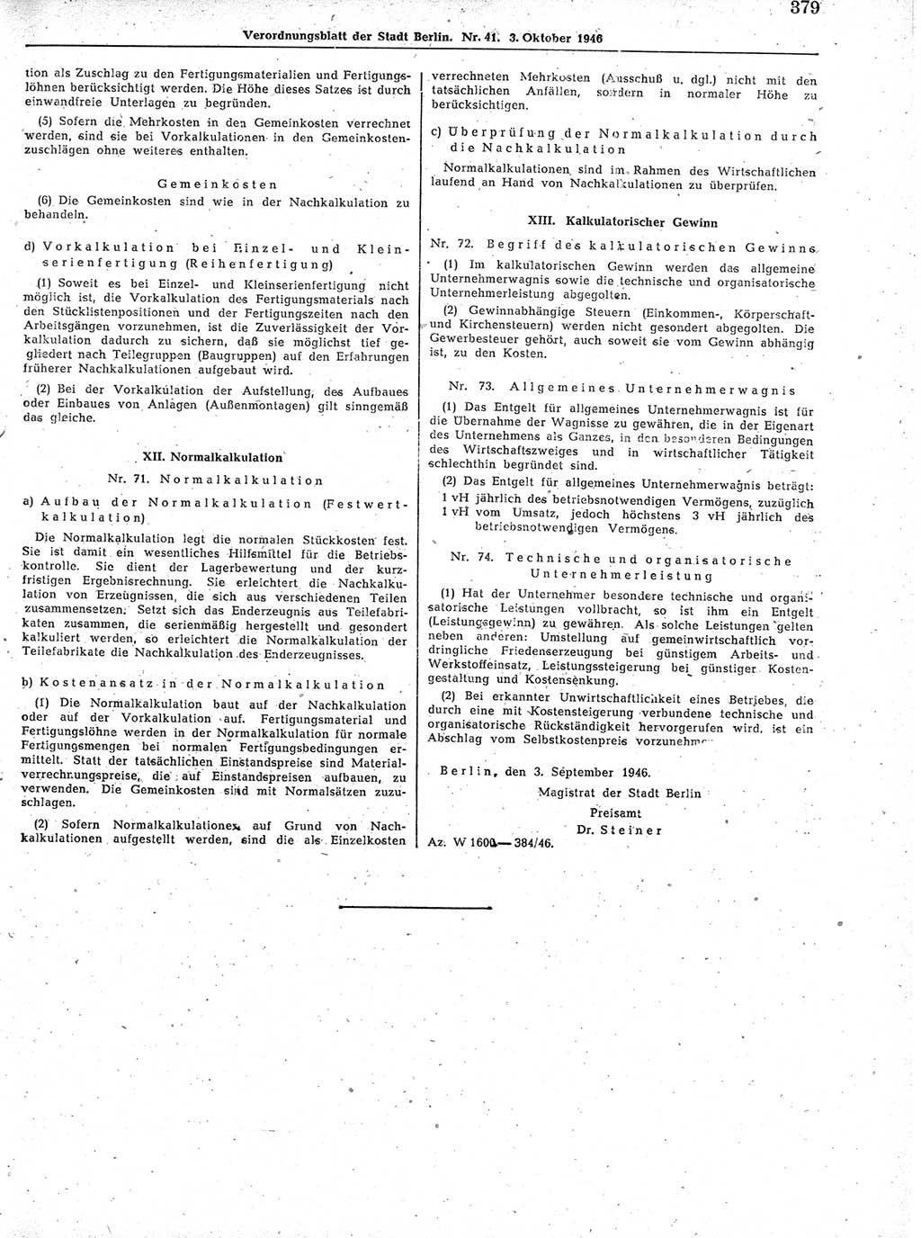 Verordnungsblatt (VOBl.) der Stadt Berlin, für Groß-Berlin 1946, Seite 379 (VOBl. Bln. 1946, S. 379)