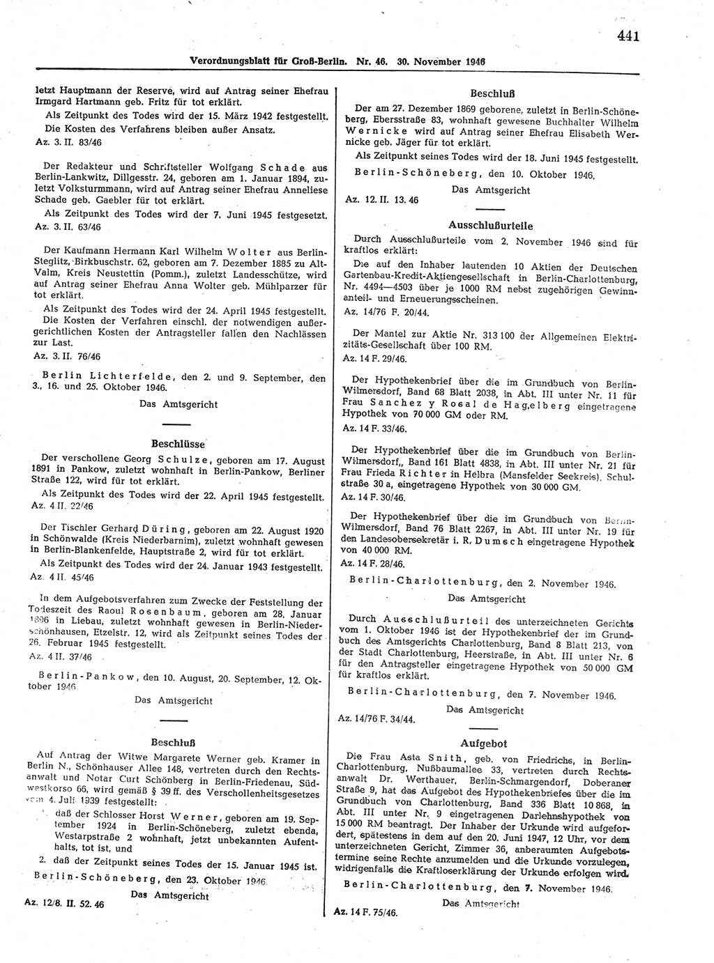 Verordnungsblatt (VOBl.) der Stadt Berlin, für Groß-Berlin 1946, Seite 441 (VOBl. Bln. 1946, S. 441)