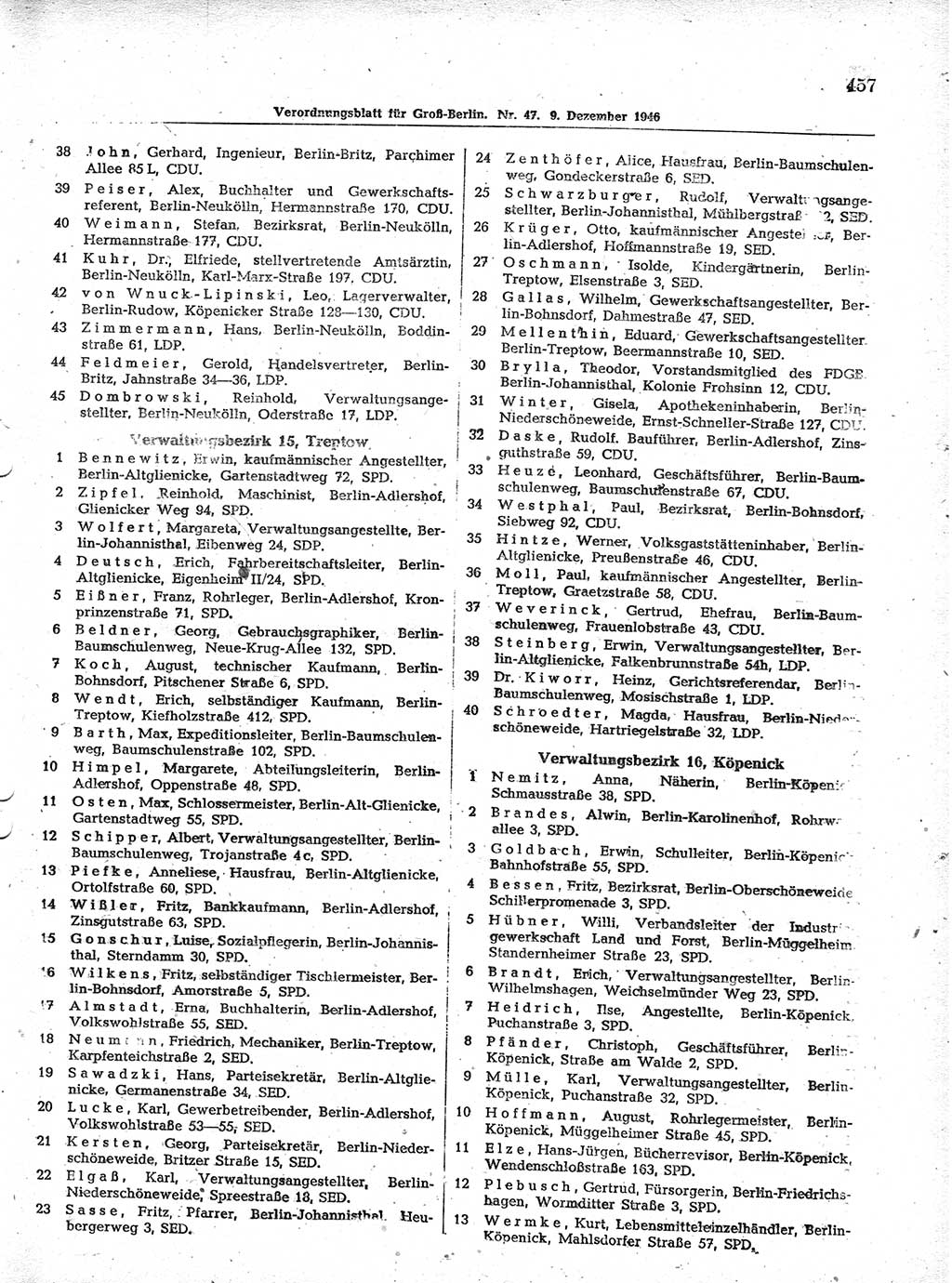 Verordnungsblatt (VOBl.) der Stadt Berlin, für Groß-Berlin 1946, Seite 457 (VOBl. Bln. 1946, S. 457)