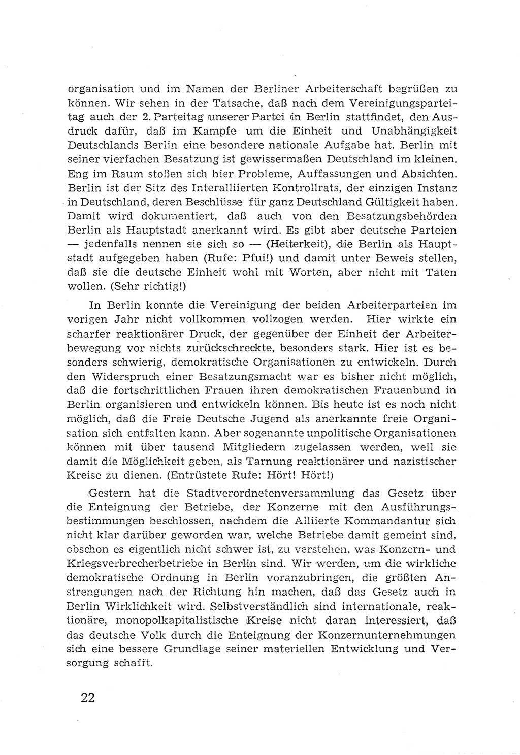 Protokoll der Verhandlungen des 2. Parteitages der Sozialistischen Einheitspartei Deutschlands (SED) [Sowjetische Besatzungszone (SBZ) Deutschlands] 1947, Seite 22 (Prot. Verh. 2. PT SED SBZ Dtl. 1947, S. 22)