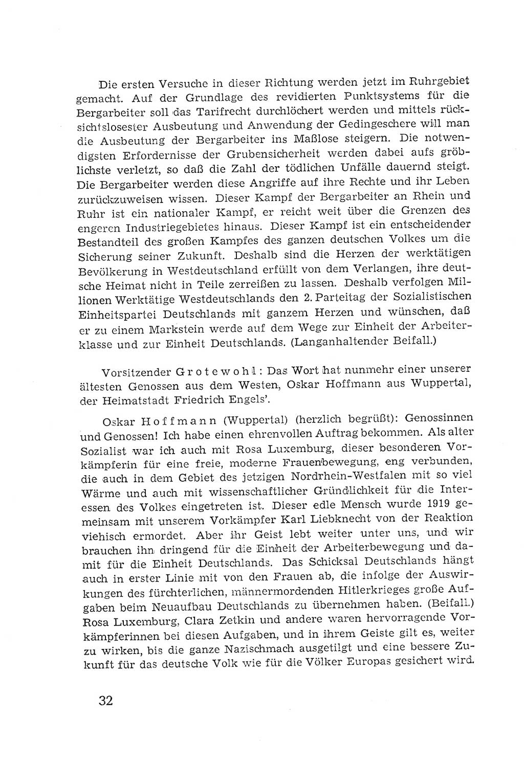 Protokoll der Verhandlungen des 2. Parteitages der Sozialistischen Einheitspartei Deutschlands (SED) [Sowjetische Besatzungszone (SBZ) Deutschlands] 1947, Seite 32 (Prot. Verh. 2. PT SED SBZ Dtl. 1947, S. 32)