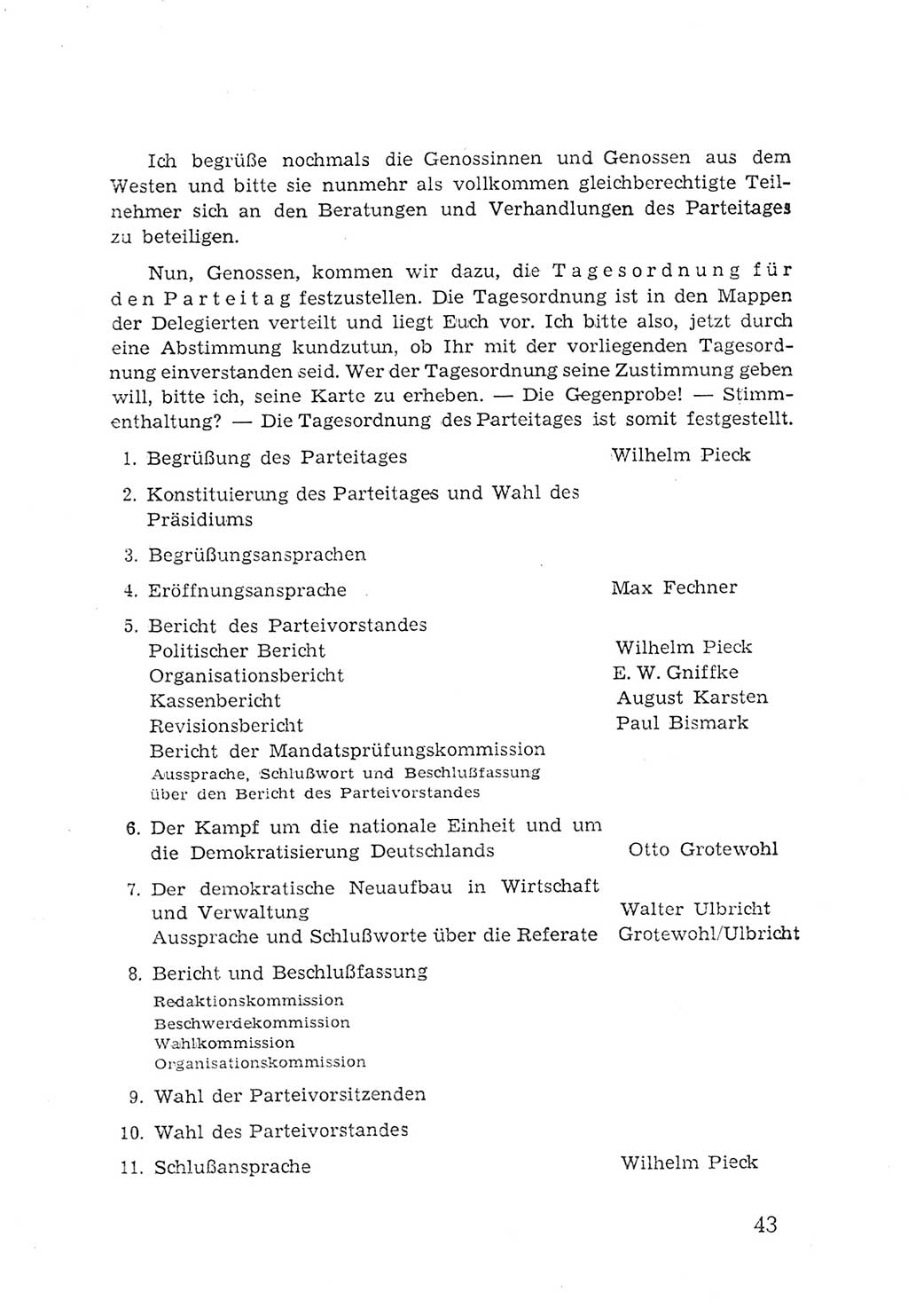 Protokoll der Verhandlungen des 2. Parteitages der Sozialistischen Einheitspartei Deutschlands (SED) [Sowjetische Besatzungszone (SBZ) Deutschlands] 1947, Seite 43 (Prot. Verh. 2. PT SED SBZ Dtl. 1947, S. 43)