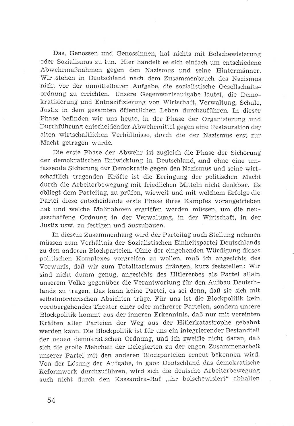 Protokoll der Verhandlungen des 2. Parteitages der Sozialistischen Einheitspartei Deutschlands (SED) [Sowjetische Besatzungszone (SBZ) Deutschlands] 1947, Seite 54 (Prot. Verh. 2. PT SED SBZ Dtl. 1947, S. 54)
