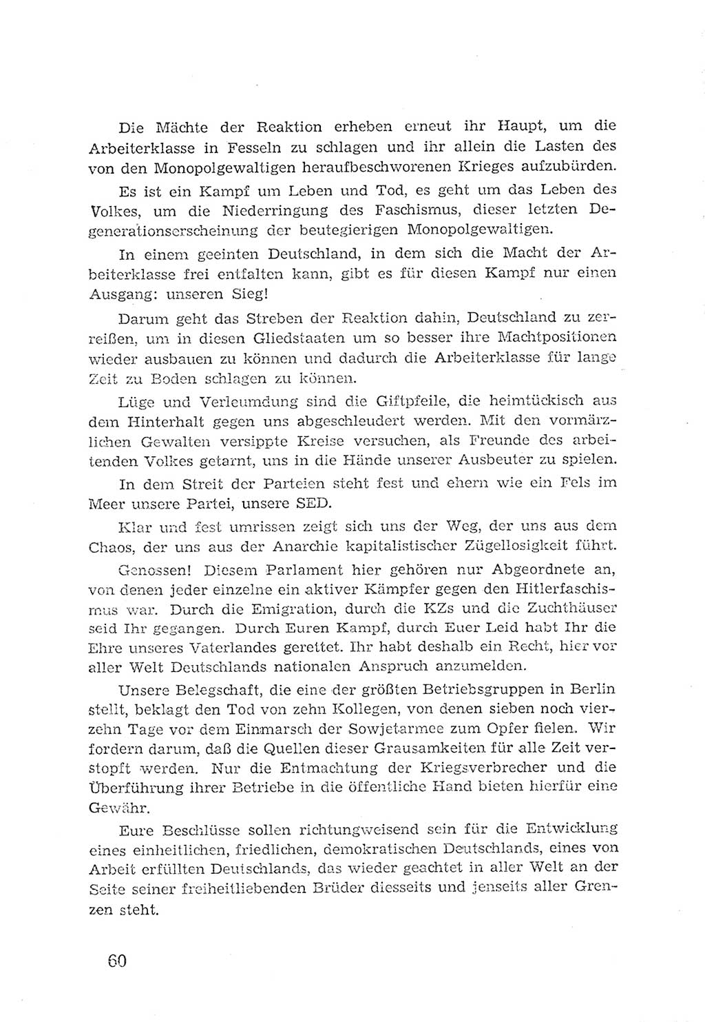 Protokoll der Verhandlungen des 2. Parteitages der Sozialistischen Einheitspartei Deutschlands (SED) [Sowjetische Besatzungszone (SBZ) Deutschlands] 1947, Seite 60 (Prot. Verh. 2. PT SED SBZ Dtl. 1947, S. 60)