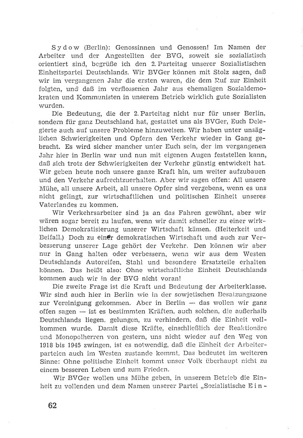 Protokoll der Verhandlungen des 2. Parteitages der Sozialistischen Einheitspartei Deutschlands (SED) [Sowjetische Besatzungszone (SBZ) Deutschlands] 1947, Seite 62 (Prot. Verh. 2. PT SED SBZ Dtl. 1947, S. 62)