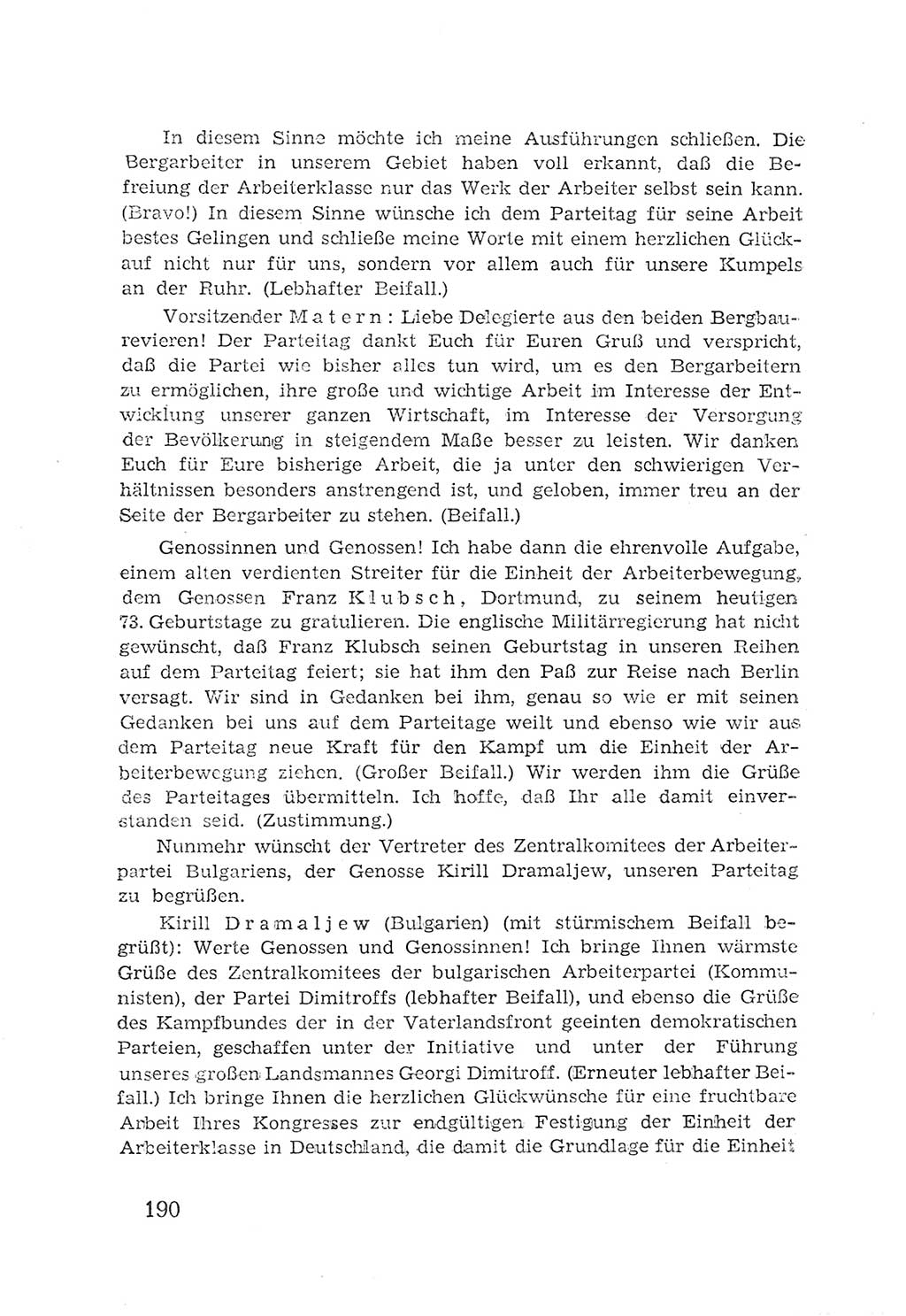 Protokoll der Verhandlungen des 2. Parteitages der Sozialistischen Einheitspartei Deutschlands (SED) [Sowjetische Besatzungszone (SBZ) Deutschlands] 1947, Seite 190 (Prot. Verh. 2. PT SED SBZ Dtl. 1947, S. 190)