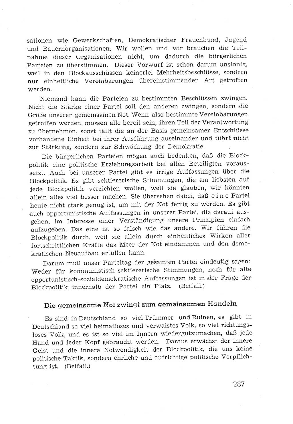 Protokoll der Verhandlungen des 2. Parteitages der Sozialistischen Einheitspartei Deutschlands (SED) [Sowjetische Besatzungszone (SBZ) Deutschlands] 1947, Seite 287 (Prot. Verh. 2. PT SED SBZ Dtl. 1947, S. 287)