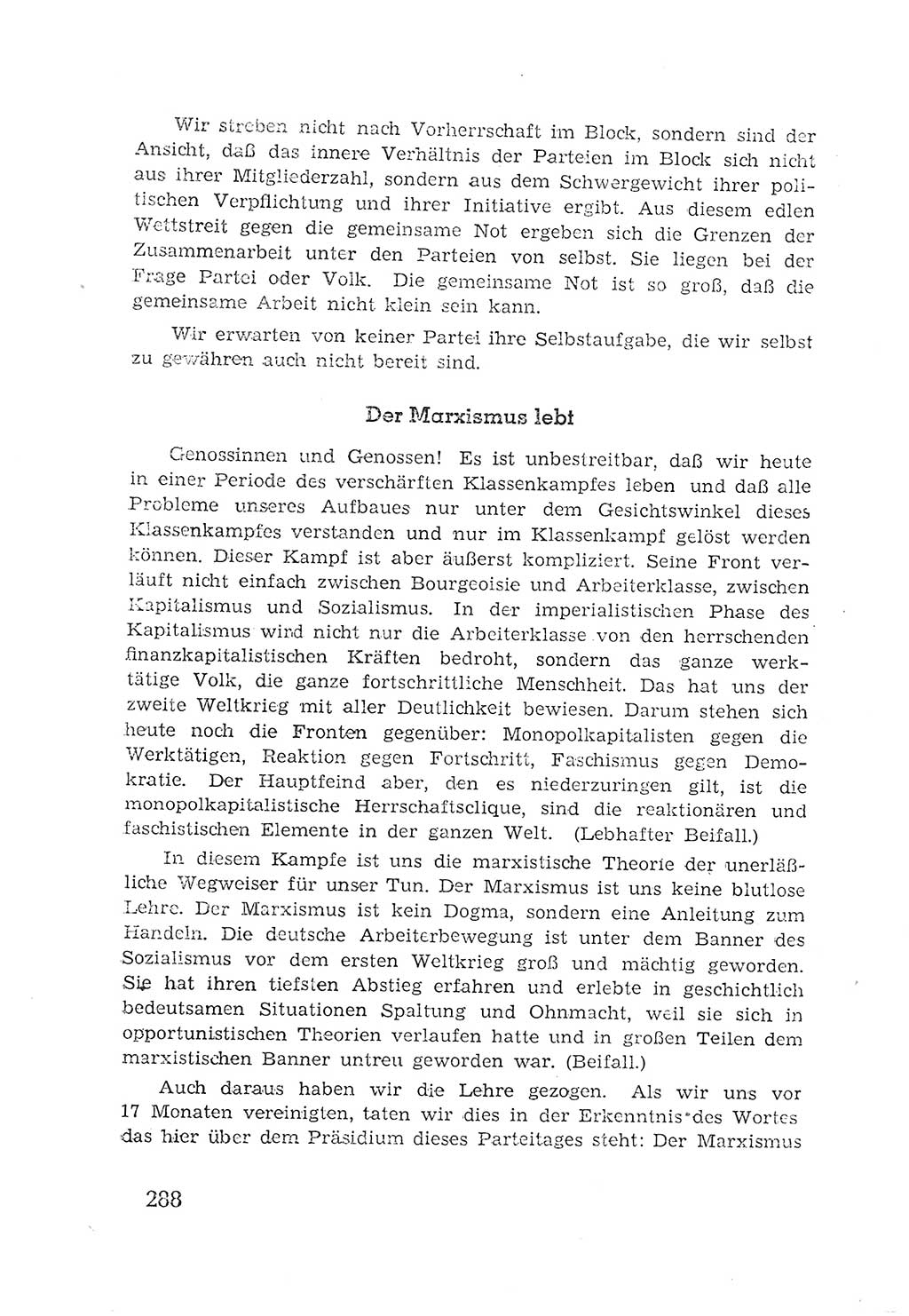 Protokoll der Verhandlungen des 2. Parteitages der Sozialistischen Einheitspartei Deutschlands (SED) [Sowjetische Besatzungszone (SBZ) Deutschlands] 1947, Seite 288 (Prot. Verh. 2. PT SED SBZ Dtl. 1947, S. 288)