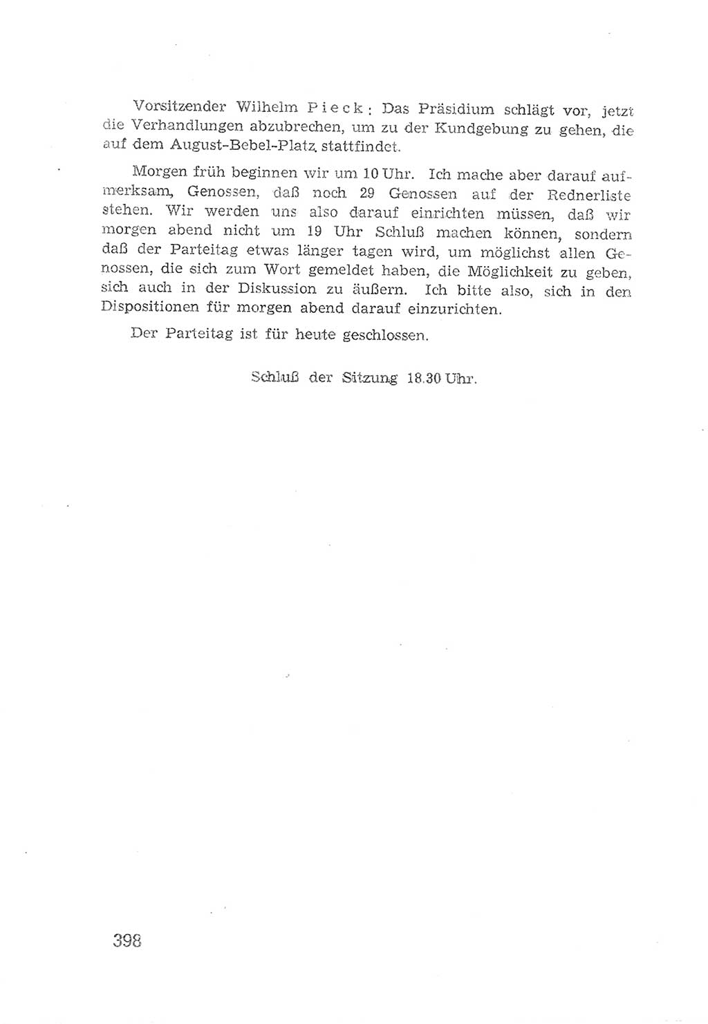 Protokoll der Verhandlungen des 2. Parteitages der Sozialistischen Einheitspartei Deutschlands (SED) [Sowjetische Besatzungszone (SBZ) Deutschlands] 1947, Seite 398 (Prot. Verh. 2. PT SED SBZ Dtl. 1947, S. 398)