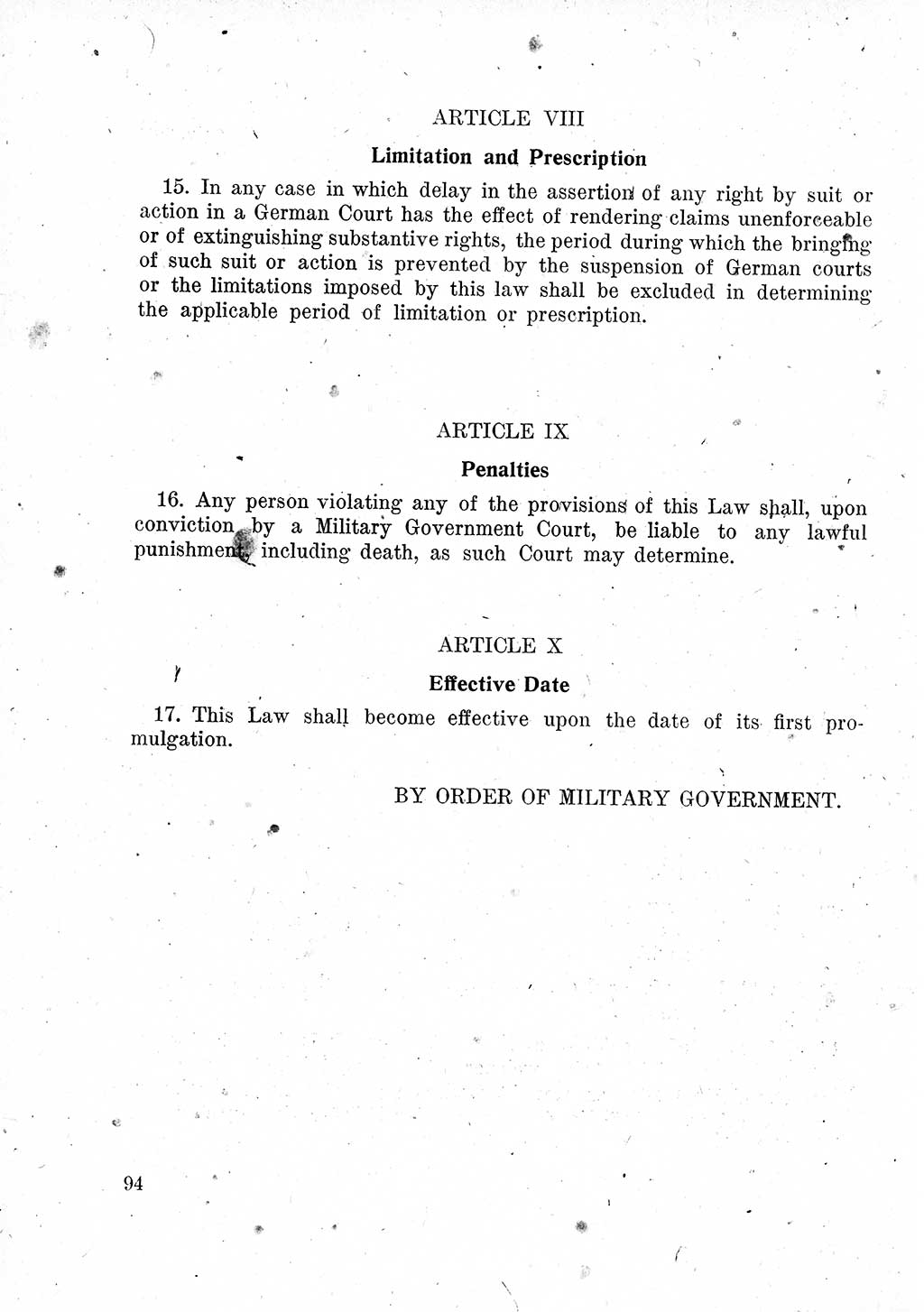Das Recht der Besatzungsmacht (Deutschland), Proklamationen, Deklerationen, Verordnungen, Gesetze und Bekanntmachungen 1947, Seite 94 (R. Bes. Dtl. 1947, S. 94)